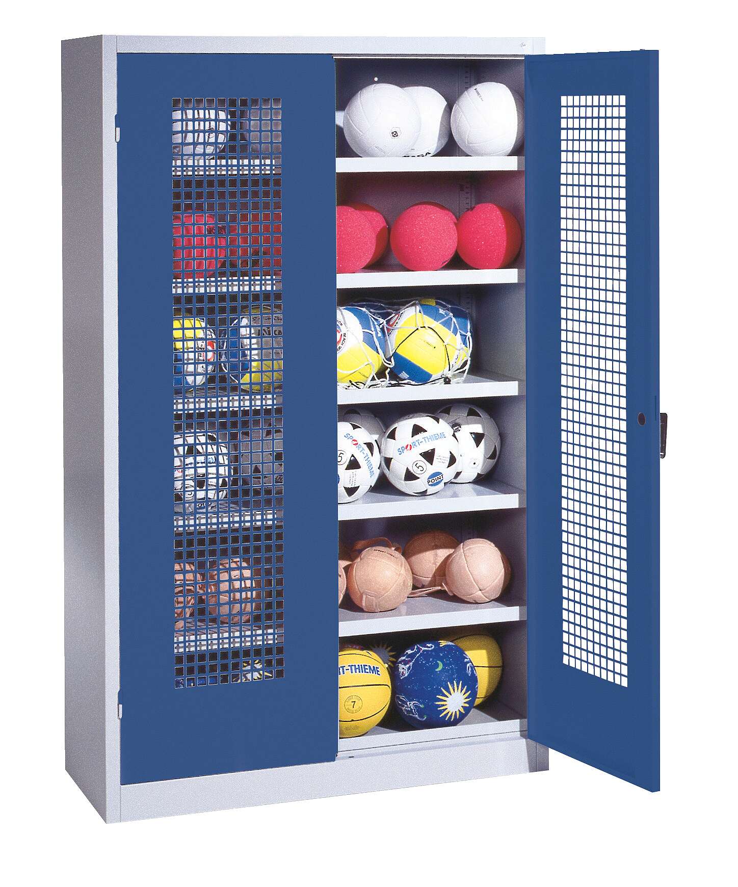 C+P Ballschrank mit Lochblech-Flügeltüren (Typ 3), HxBxT 195x120x50 cm, Ergo-Lock Muldengriff, Enzianblau (RAL 5010), Lichtgrau (RAL 7035), Gleichschließung