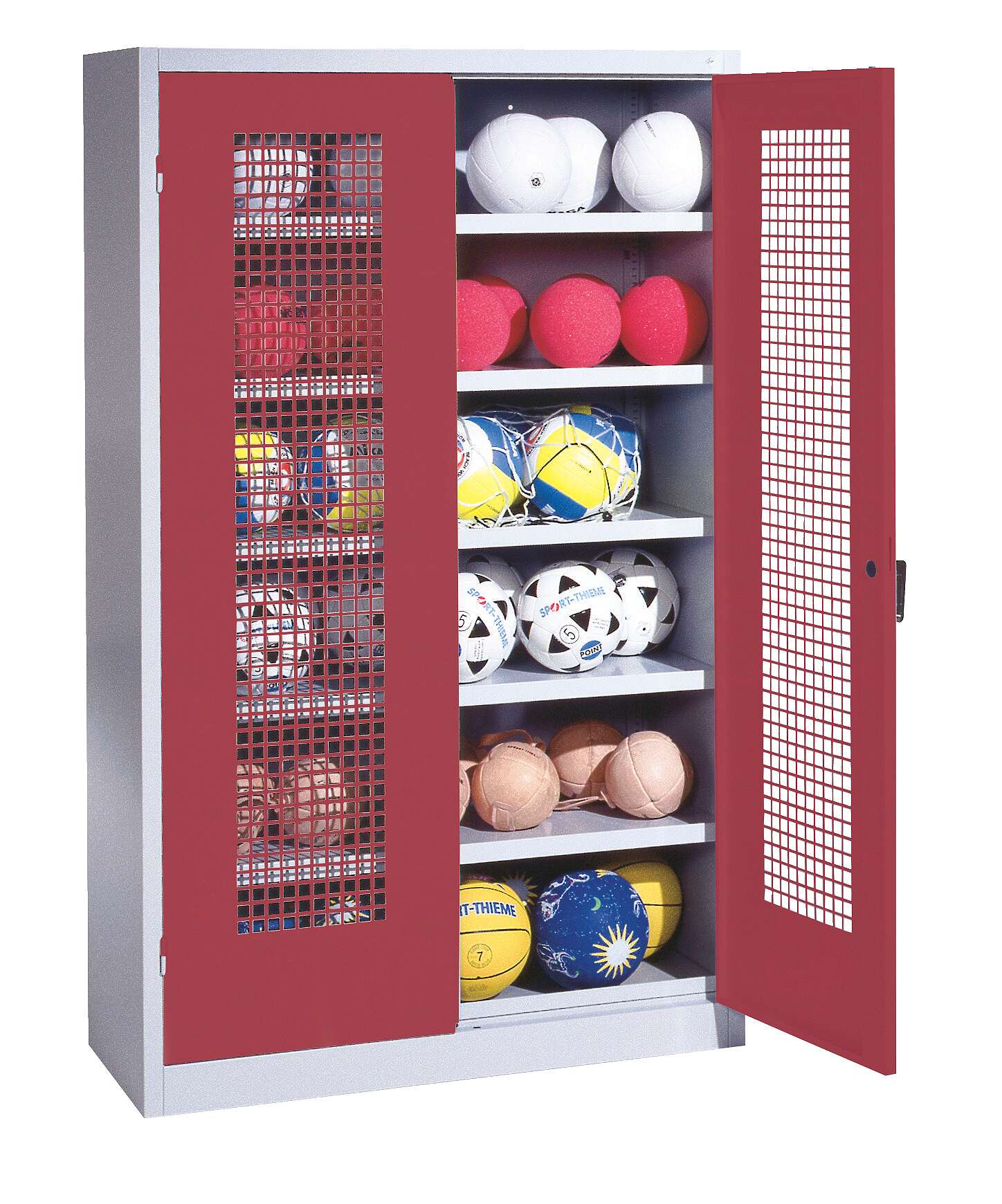 C+P Ballschrank mit Lochblech-Flügeltüren (Typ 3), HxBxT 195x120x50 cm, Ergo-Lock Muldengriff, Rubinrot (RAL 3003), Lichtgrau (RAL 7035), Gleichschließung