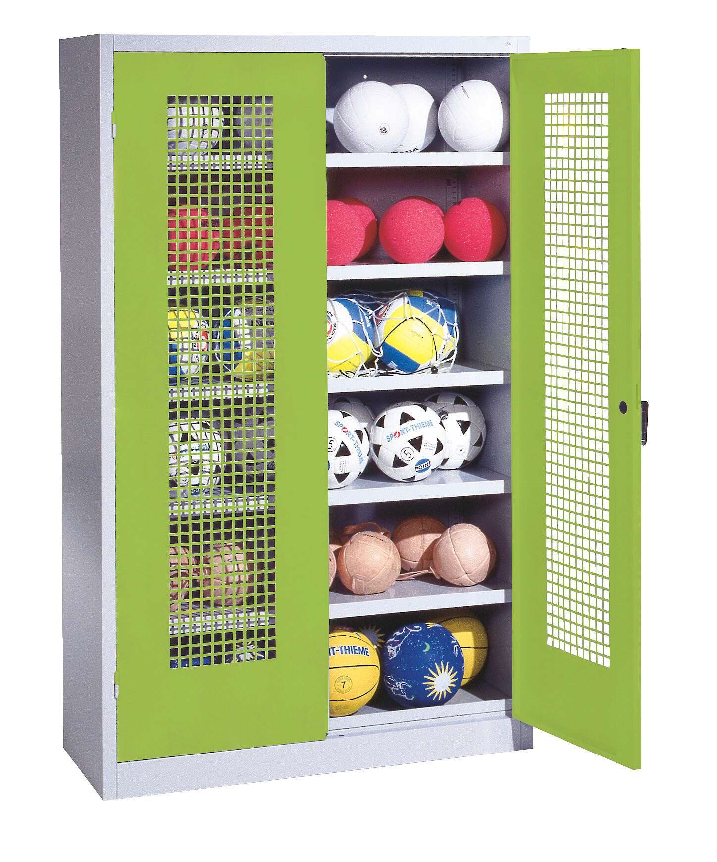C+P Ballschrank mit Lochblech-Flügeltüren (Typ 3), HxBxT 195x120x50 cm, Ergo-Lock Muldengriff, Clowngrün (RAL 110 80 60), Lichtgrau (RAL 7035), Gleichschließung