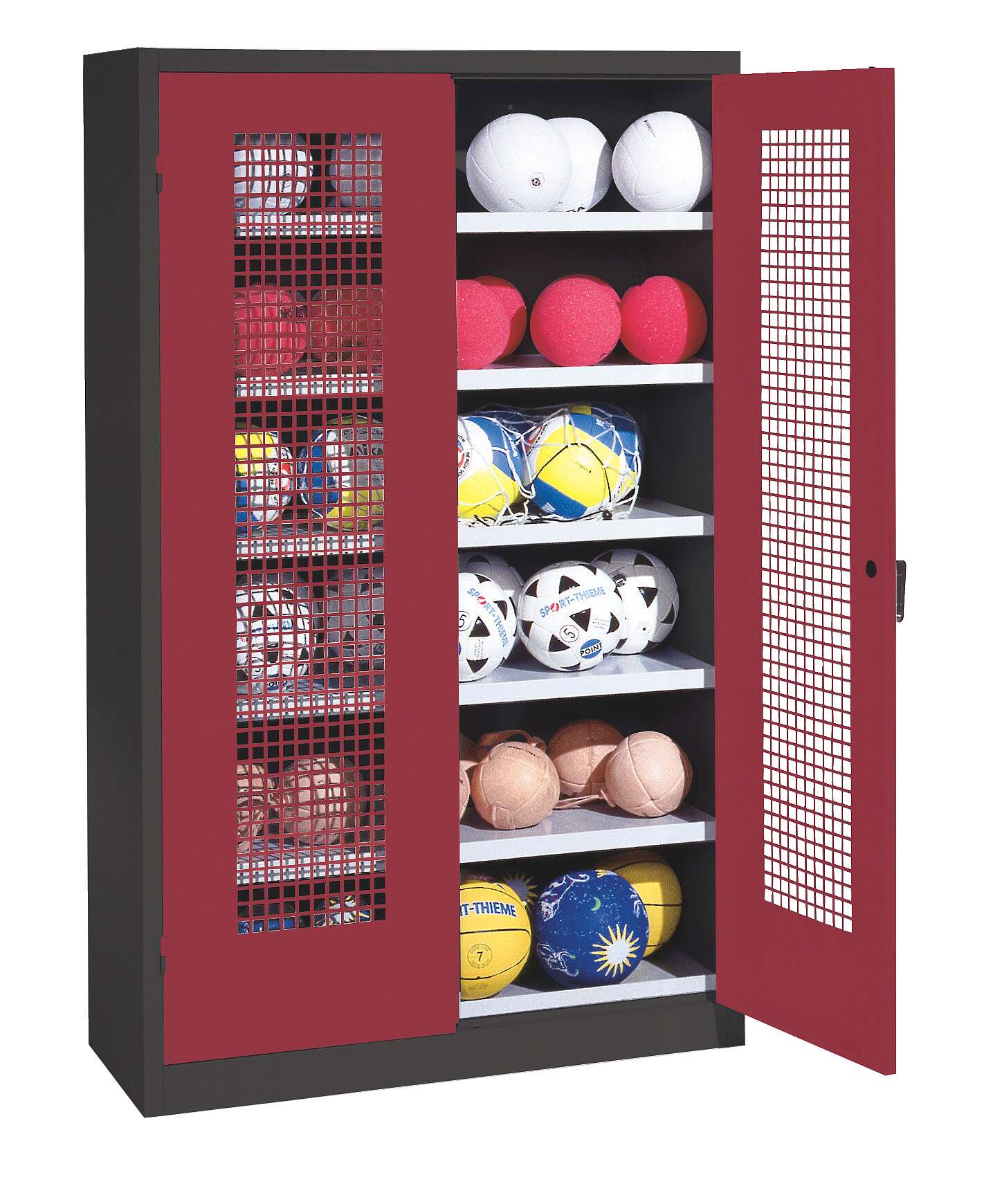 C+P Ballschrank mit Lochblech-Flügeltüren (Typ 3), HxBxT 195x120x50 cm, Ergo-Lock Muldengriff, Rubinrot (RAL 3003), Anthrazit (RAL 7021), Gleichschließung
