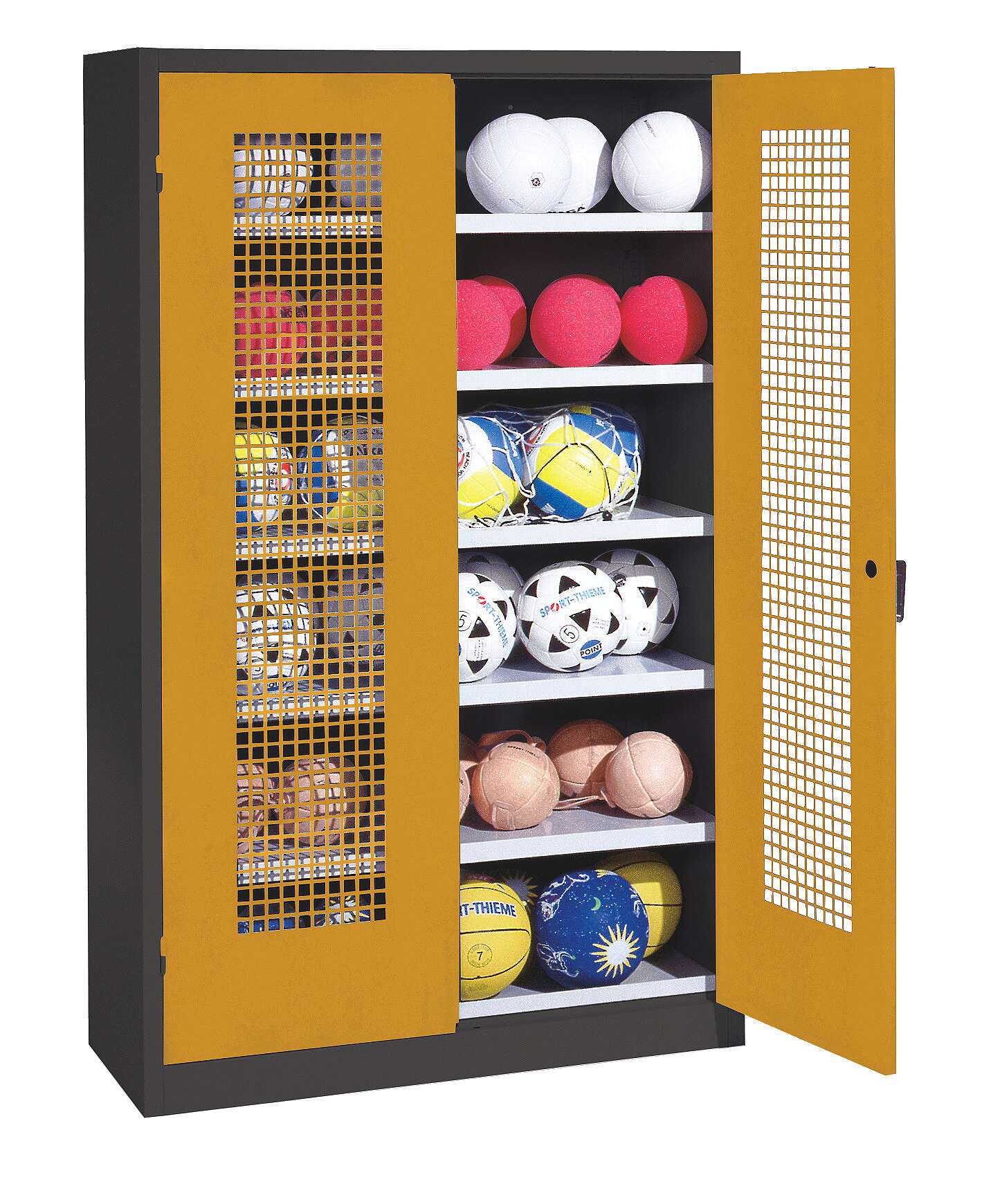 C+P Ballschrank mit Lochblech-Flügeltüren (Typ 3), HxBxT 195x120x50 cm, Ergo-Lock Muldengriff, Goldgelb (RAL 1004), Anthrazit (RAL 7021), Gleichschließung