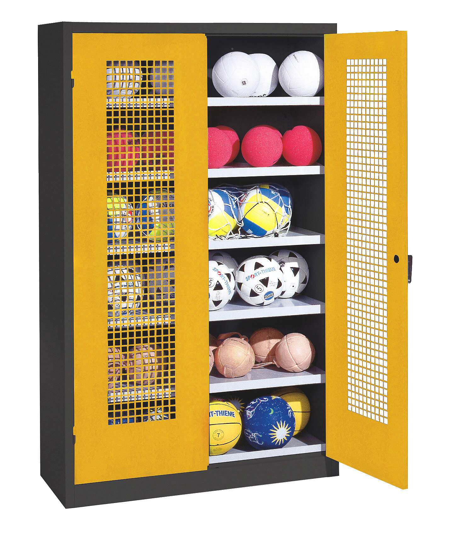 C+P Ballschrank mit Lochblech-Flügeltüren (Typ 3), HxBxT 195x120x50 cm, Ergo-Lock Muldengriff, Verkehrsgelb (RAL 1023), Anthrazit (RAL 7021), Gleichschließung