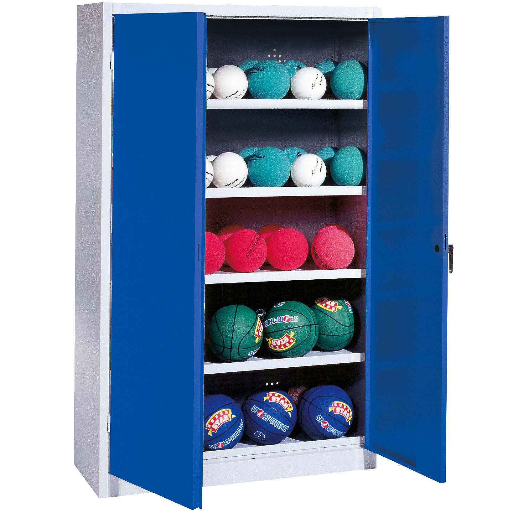 C+P Ballschrank mit Vollblech-Flügeltüren (Typ 3), HxBxT 195x150x50 cm, Ergo-Lock Muldengriff, Enzianblau (RAL 5010), Lichtgrau (RAL 7035), Gleichschließung