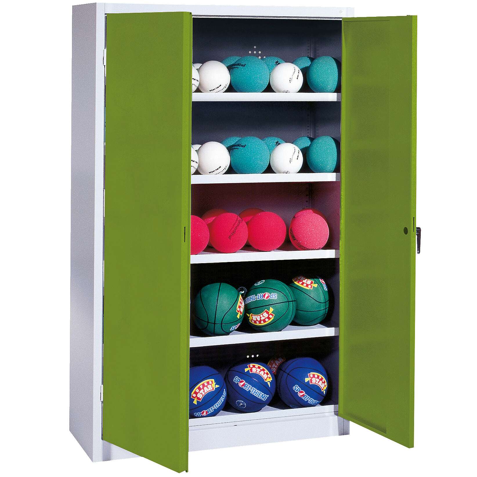 C+P Ballschrank mit Vollblech-Flügeltüren (Typ 3), HxBxT 195x150x50 cm, Ergo-Lock Muldengriff, Clowngrün (RAL 110 80 60), Lichtgrau (RAL 7035), Gleichschließung