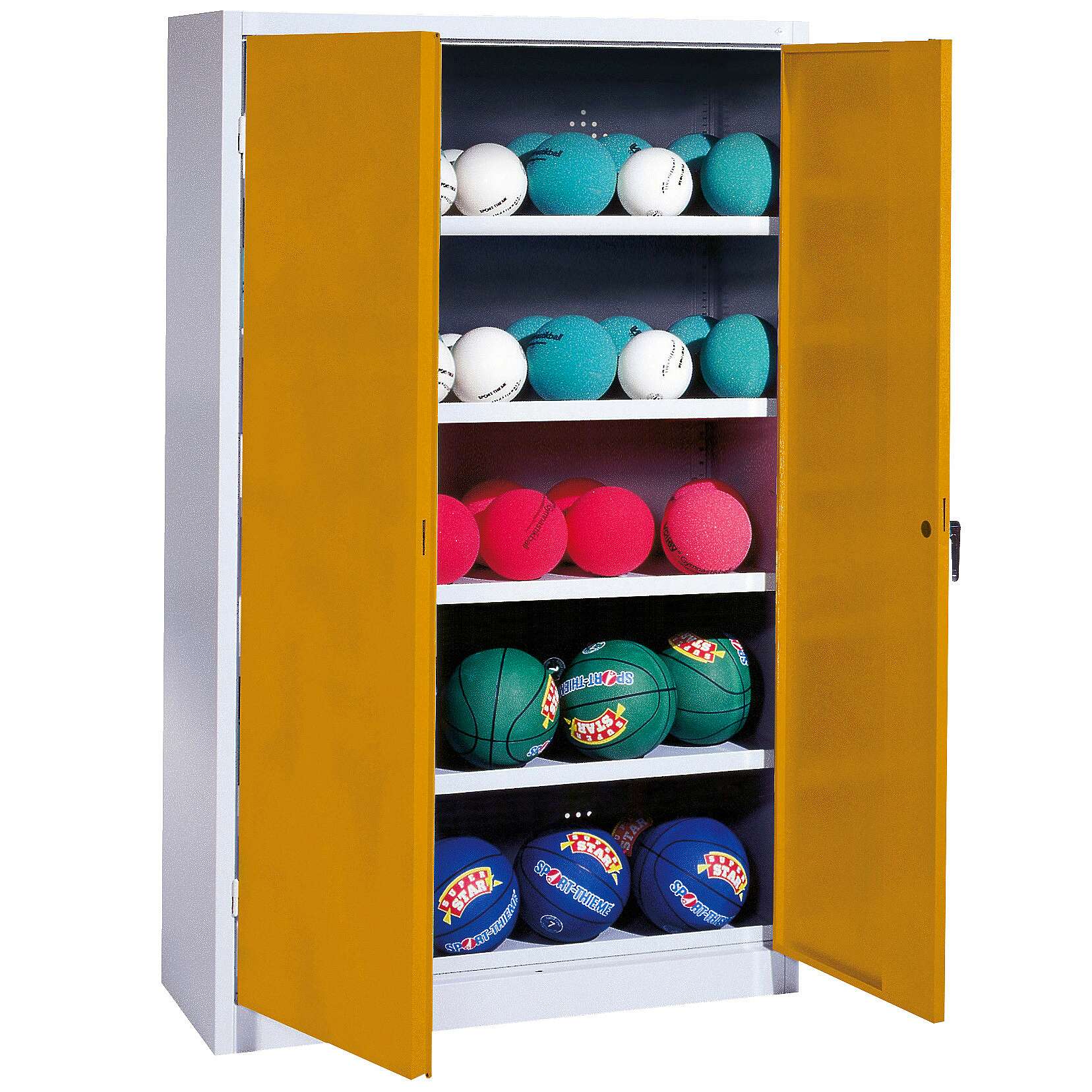 C+P Ballschrank mit Vollblech-Flügeltüren (Typ 3), HxBxT 195x150x50 cm, Ergo-Lock Muldengriff, Goldgelb (RAL 1004), Lichtgrau (RAL 7035), Gleichschließung