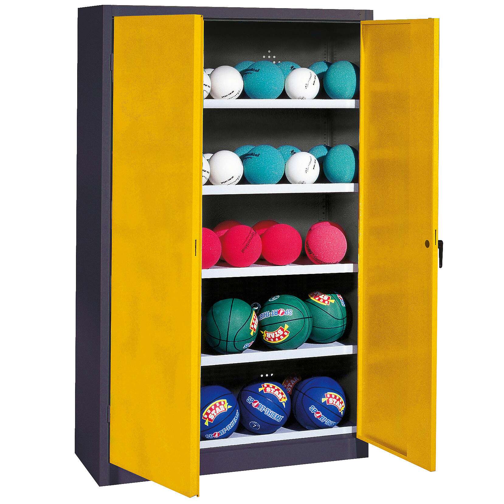 C+P Ballschrank mit Vollblech-Flügeltüren (Typ 3), HxBxT 195x150x50 cm, Ergo-Lock Muldengriff, Verkehrsgelb (RAL 1023), Anthrazit (RAL 7021), Gleichschließung