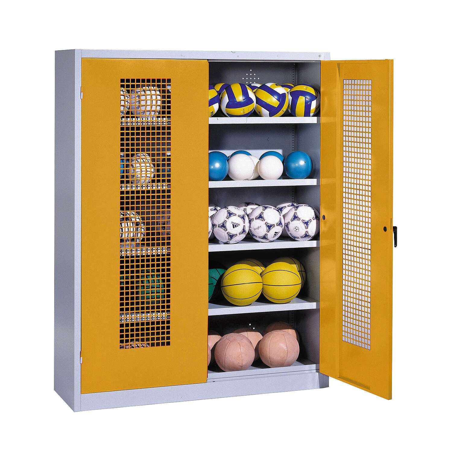 C+P Ballschrank mit Lochblech-Flügeltüren (Typ 3), HxBxT 195x150x50 cm, Ergo-Lock Muldengriff, Goldgelb (RAL 1004), Lichtgrau (RAL 7035), Gleichschließung