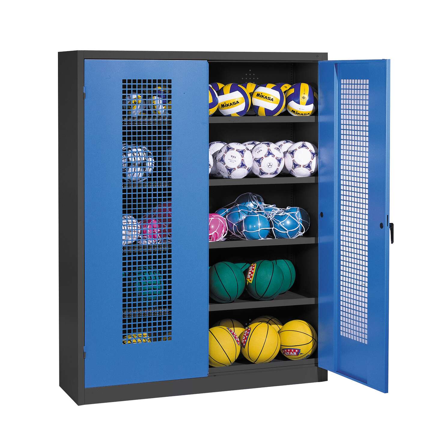 C+P Ballschrank mit Lochblech-Flügeltüren (Typ 3), HxBxT 195x150x50 cm, Enzianblau (RAL 5010), Ergo-Lock Muldengriff, Anthrazit (RAL 7021), Gleichschließung