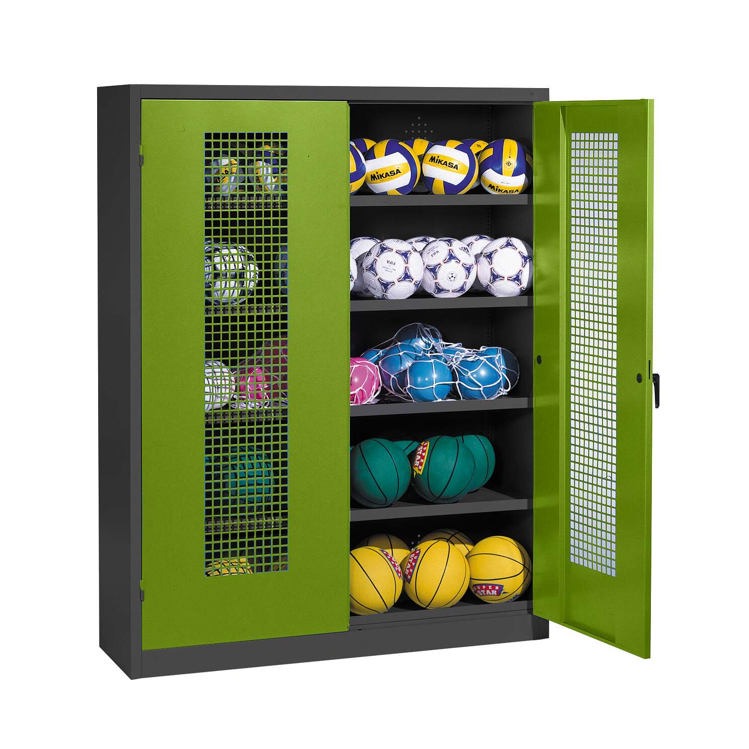 C+P Ballschrank mit Lochblech-Flügeltüren (Typ 3), HxBxT 195x150x50 cm, Ergo-Lock Muldengriff, Clowngrün (RAL 110 80 60), Anthrazit (RAL 7021), Gleichschließung