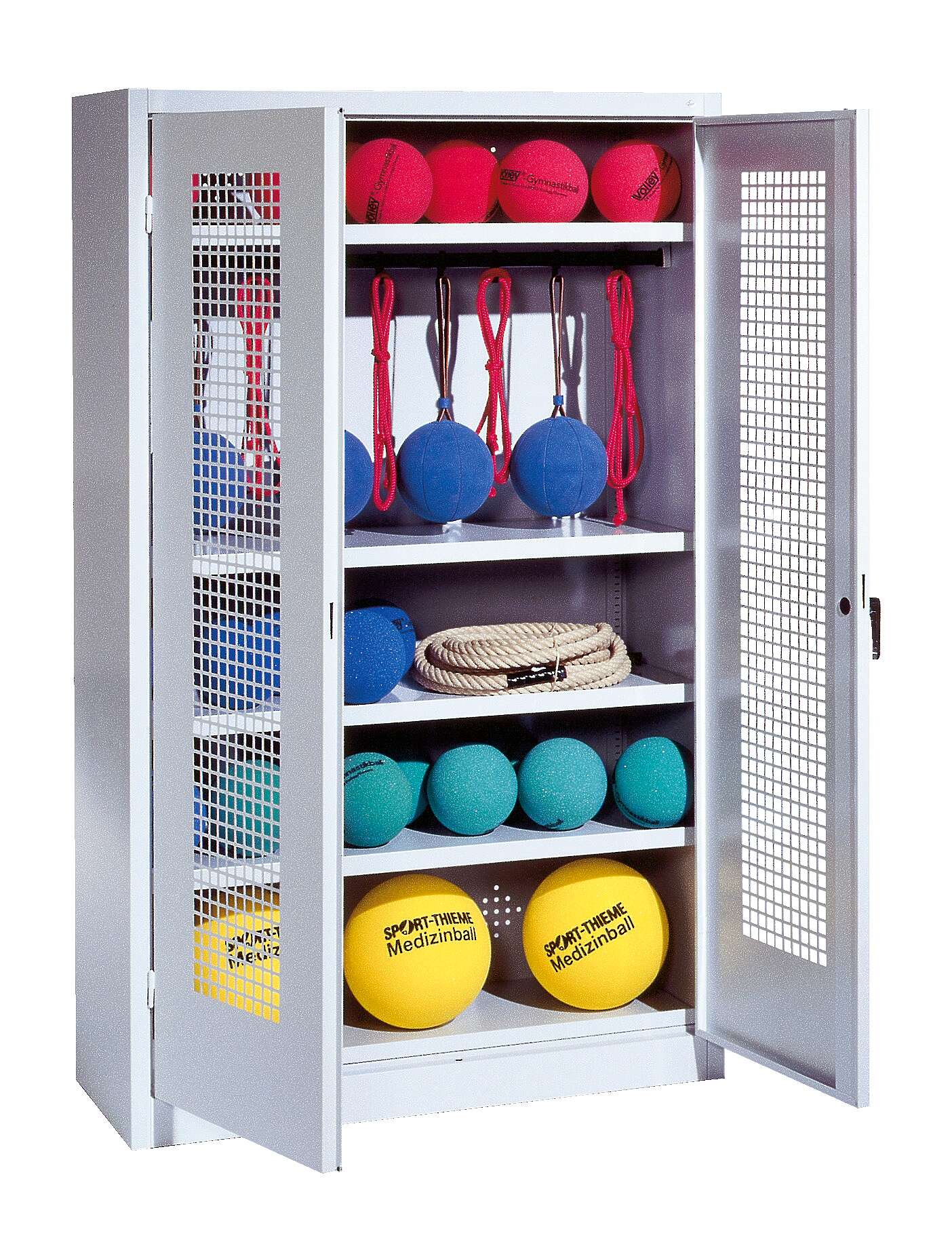 C+P Sportgeräteschrank mit Lochblech-Flügeltüren (Typ 2), HxBxT 195x120x50 cm, Ergo-Lock Muldengriff, Gleichschließung