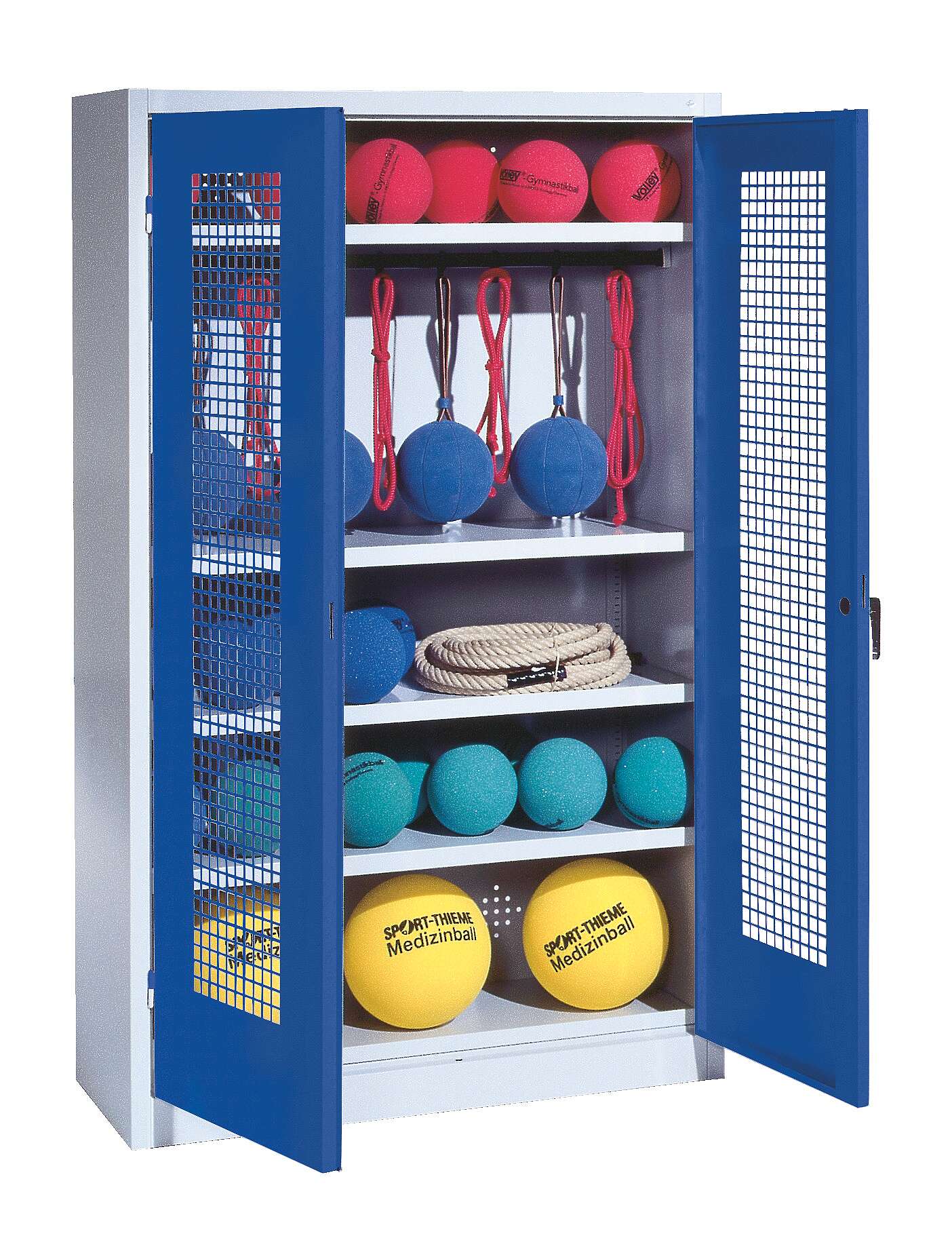 C+P Sportgeräteschrank mit Lochblech-Flügeltüren (Typ 2), HxBxT 195x120x50 cm, Ergo-Lock Muldengriff, Enzianblau (RAL 5010), Lichtgrau (RAL 7035), Gleichschließung