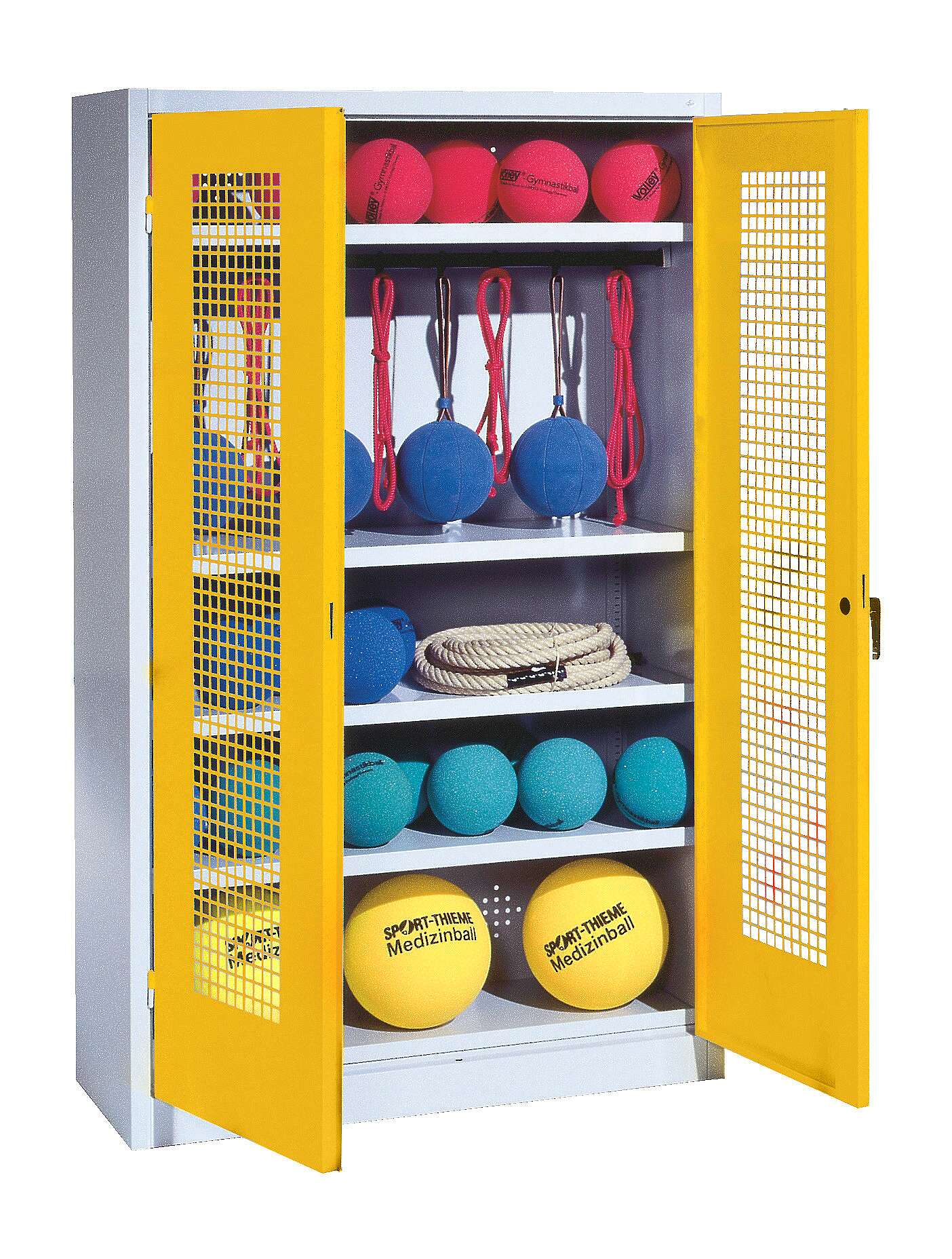 C+P Sportgeräteschrank mit Lochblech-Flügeltüren (Typ 2), HxBxT 195x120x50 cm, Ergo-Lock Muldengriff, Verkehrsgelb (RAL 1023), Lichtgrau (RAL 7035), Einzelschließung
