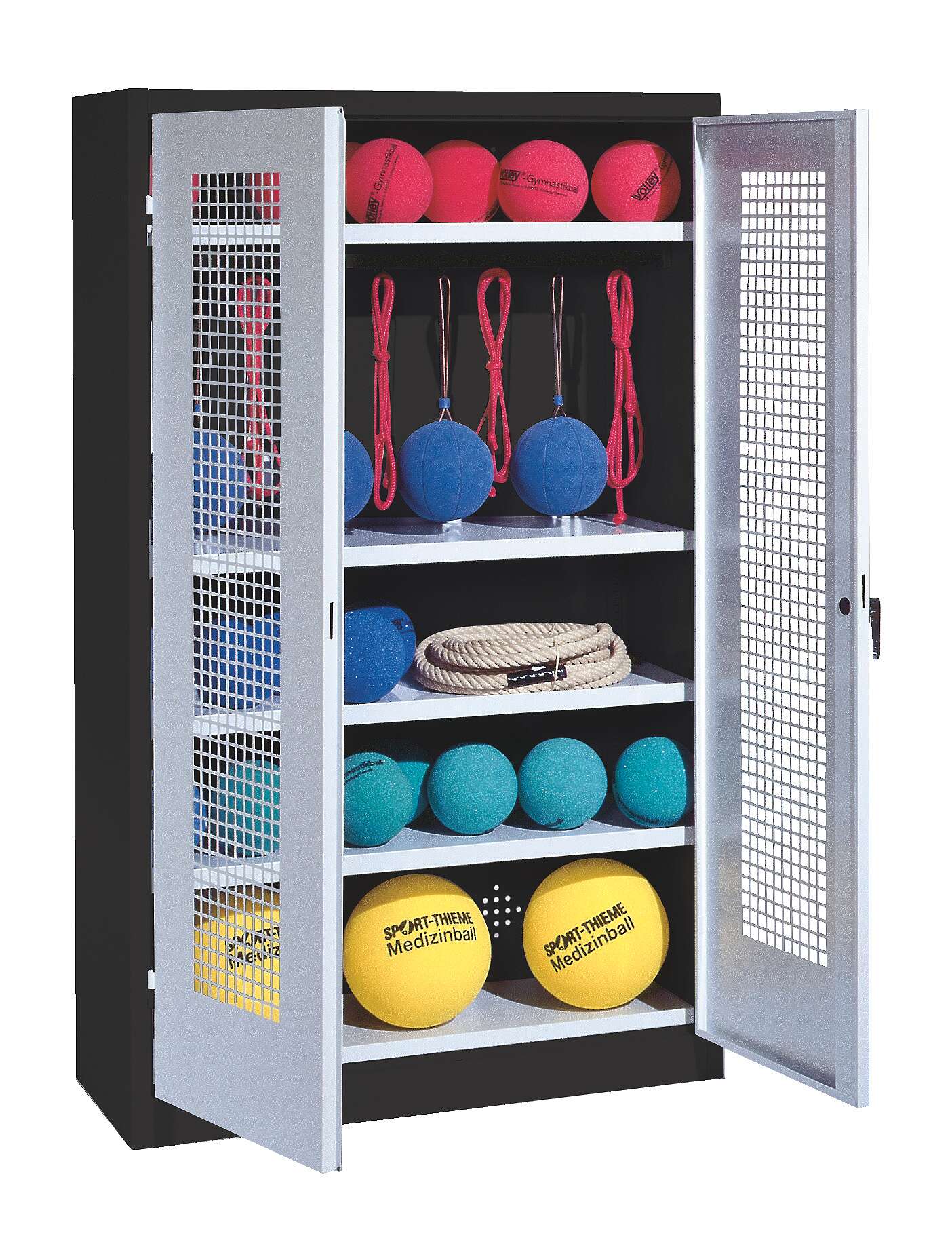 C+P Sportgeräteschrank mit Lochblech-Flügeltüren (Typ 2), HxBxT 195x120x50 cm, Lichtgrau (RAL 7035), Ergo-Lock Muldengriff, Anthrazit (RAL 7021), Gleichschließung
