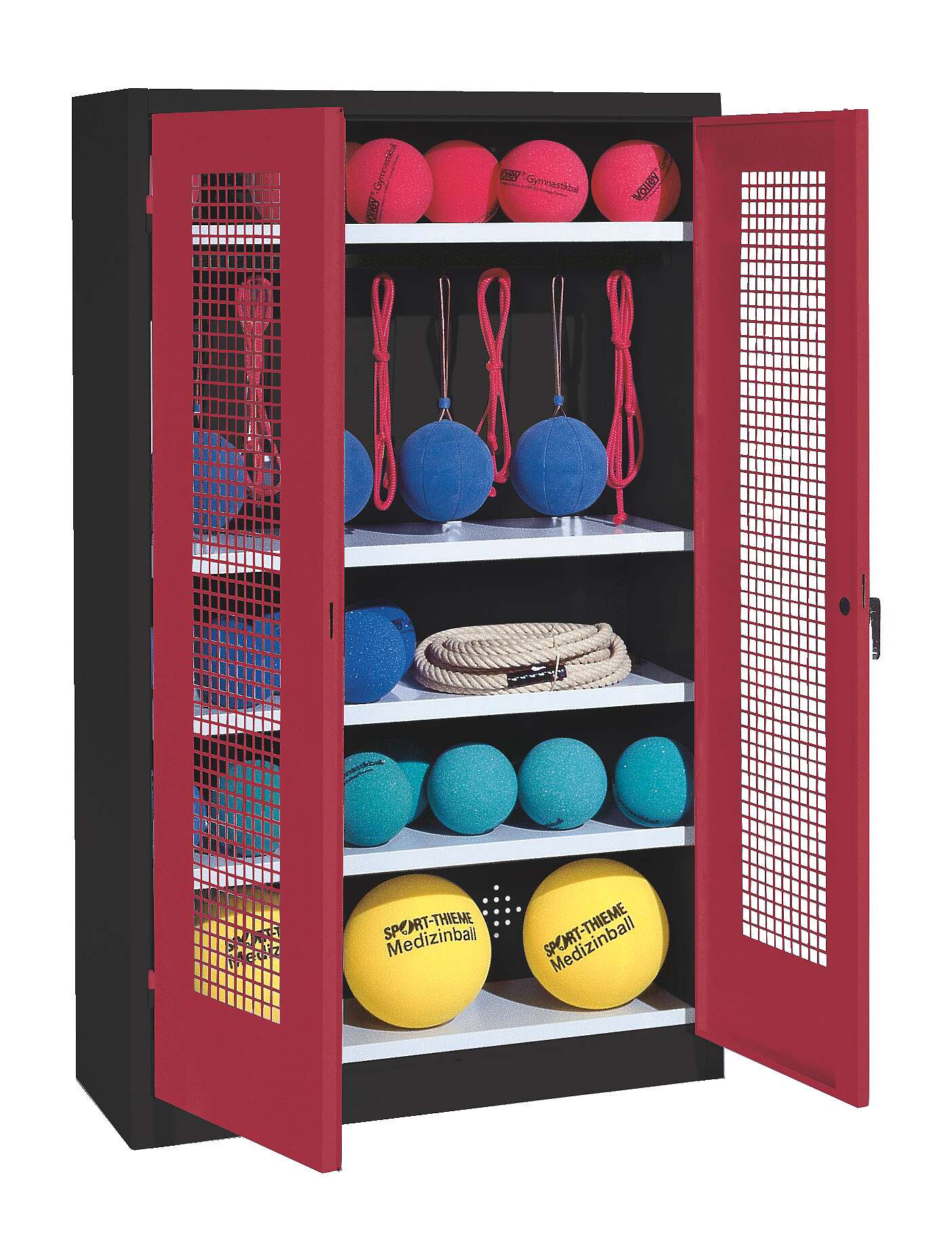 C+P Sportgeräteschrank mit Lochblech-Flügeltüren (Typ 2), HxBxT 195x120x50 cm, Ergo-Lock Muldengriff, Rubinrot (RAL 3003), Anthrazit (RAL 7021), Gleichschließung