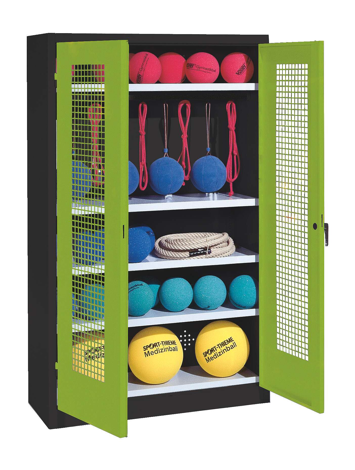 C+P Sportgeräteschrank mit Lochblech-Flügeltüren (Typ 2), HxBxT 195x120x50 cm, Ergo-Lock Muldengriff, Clowngrün (RAL 110 80 60), Anthrazit (RAL 7021), Gleichschließung