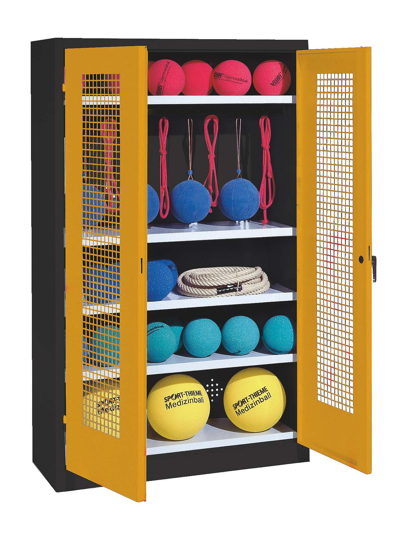 C+P Sportgeräteschrank mit Lochblech-Flügeltüren (Typ 2), HxBxT 195x120x50 cm, Ergo-Lock Muldengriff, Goldgelb (RAL 1004), Anthrazit (RAL 7021), Gleichschließung