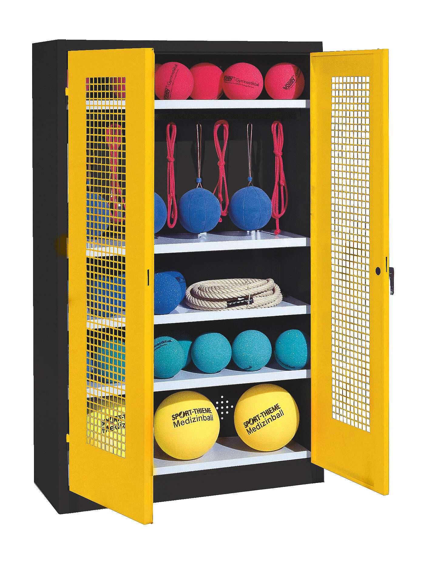 C+P Sportgeräteschrank mit Lochblech-Flügeltüren (Typ 2), HxBxT 195x120x50 cm, Ergo-Lock Muldengriff, Verkehrsgelb (RAL 1023), Anthrazit (RAL 7021), Gleichschließung