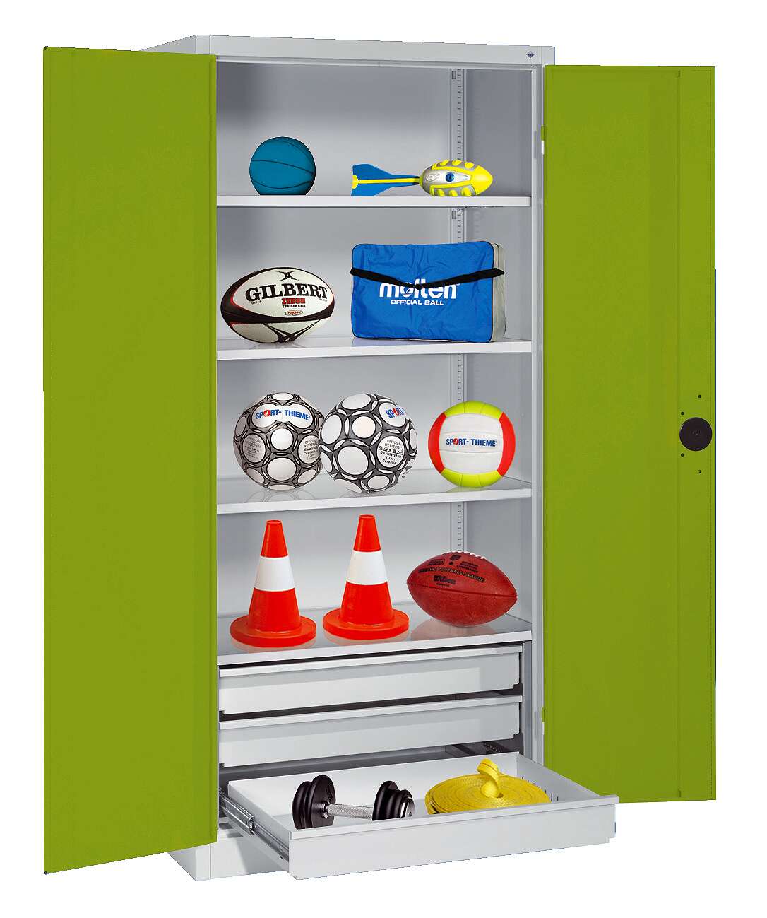 C+P Sportgeräteschrank mit Schubladen und Vollblech-Flügeltüren (Typ 4), HxBxT 195x120x50 cm, Ergo-Lock Muldengriff, Clowngrün (RAL 110 80 60), Lichtgrau (RAL 7035), Gleichschließung