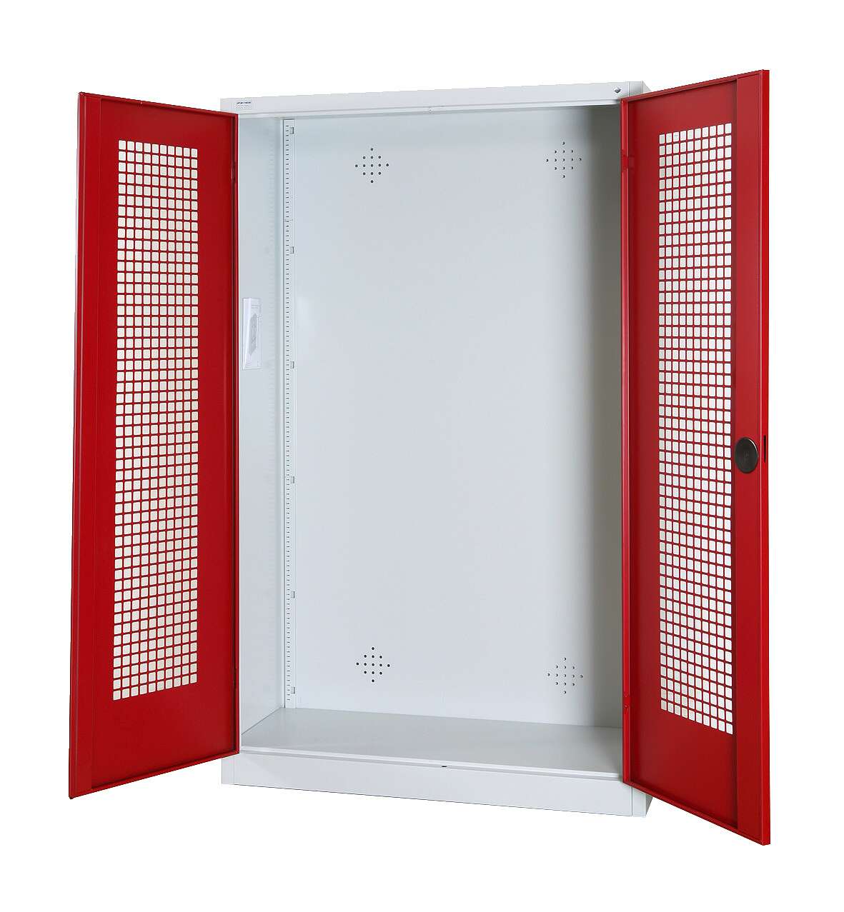 C+P Modul-Sportgeräteschrank mit Lochblech-Flügeltüren, HxBxT 195x120x50 cm, Ergo-Lock Muldengriff, Rubinrot (RAL 3003), Lichtgrau (RAL 7035), Gleichschließung