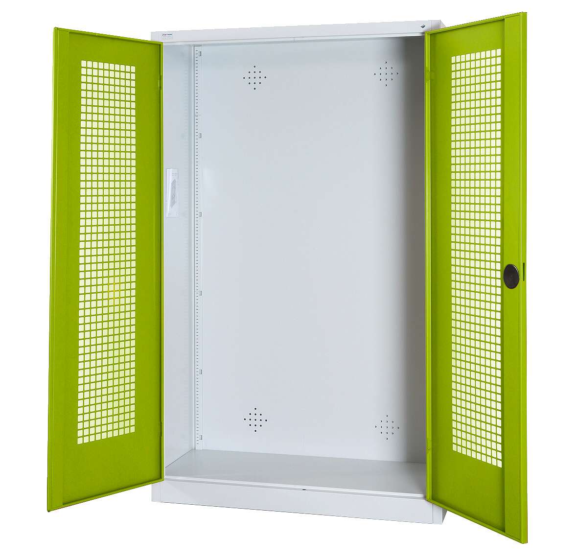 C+P Modul-Sportgeräteschrank mit Lochblech-Flügeltüren, HxBxT 195x120x50 cm, Ergo-Lock Muldengriff, Clowngrün (RAL 110 80 60), Lichtgrau (RAL 7035), Gleichschließung