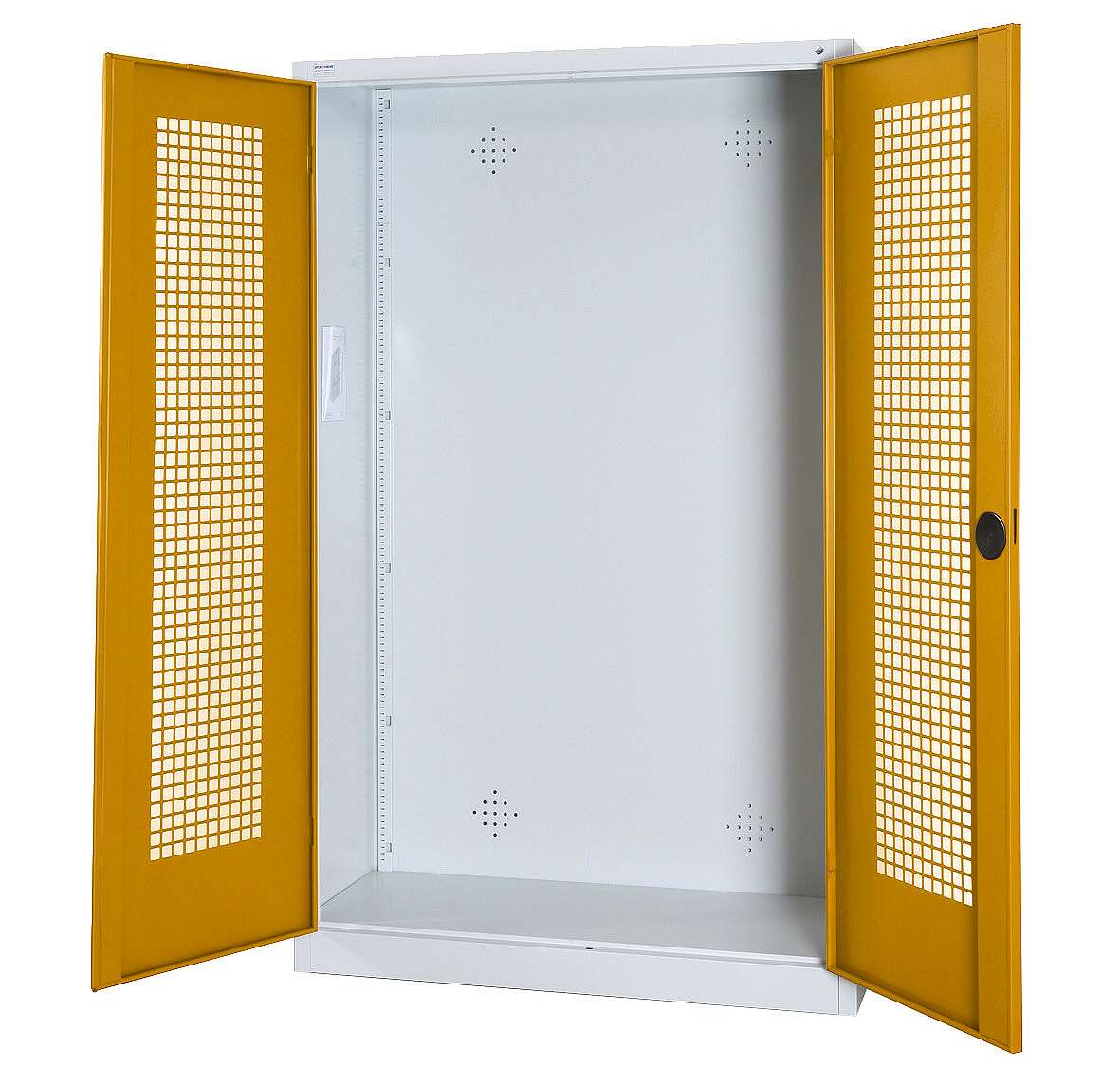 C+P Modul-Sportgeräteschrank mit Lochblech-Flügeltüren, HxBxT 195x120x50 cm, Ergo-Lock Muldengriff, Goldgelb (RAL 1004), Lichtgrau (RAL 7035), Gleichschließung
