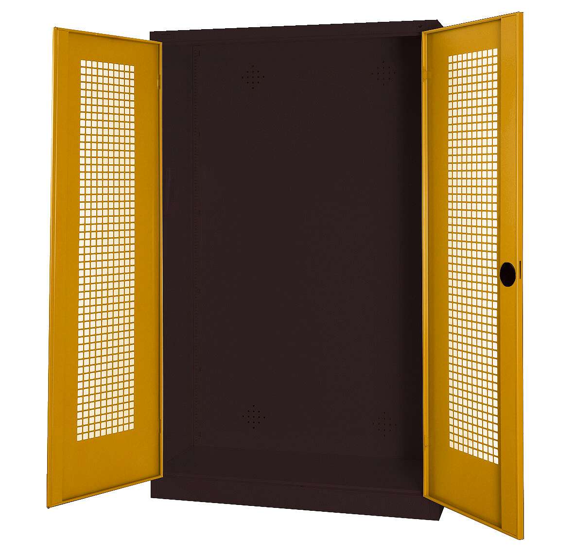 C+P Modul-Sportgeräteschrank mit Lochblech-Flügeltüren, HxBxT 195x120x50 cm, Ergo-Lock Muldengriff, Goldgelb (RAL 1004), Anthrazit (RAL 7021), Gleichschließung