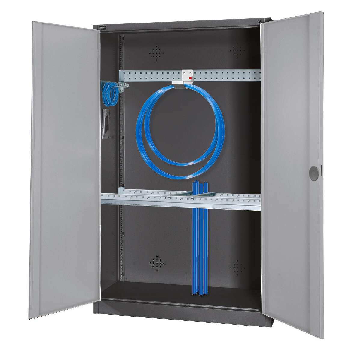C+P Modul-Sportgeräteschrank „Grundausstattung“ mit Vollblech-Flügeltüren, HxBxT 195x120x50 cm, Lichtgrau (RAL 7035), Ergo-Lock Muldengriff, Anthrazit (RAL 7021), Gleichschließung