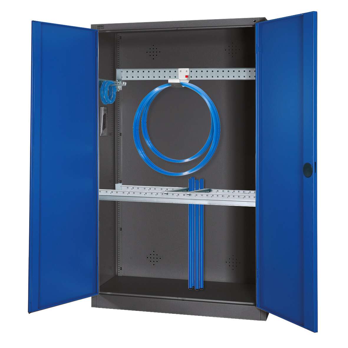 C+P Modul-Sportgeräteschrank „Grundausstattung“ mit Vollblech-Flügeltüren, HxBxT 195x120x50 cm, Enzianblau (RAL 5010), Ergo-Lock Muldengriff, Anthrazit (RAL 7021), Gleichschließung