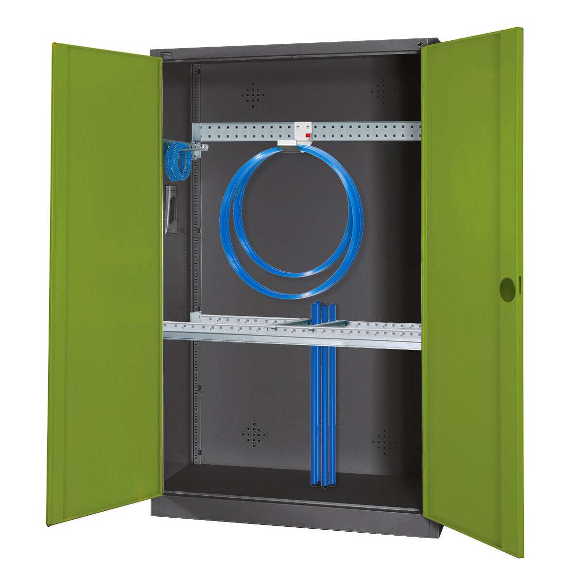 C+P Modul-Sportgeräteschrank „Grundausstattung“ mit Vollblech-Flügeltüren, HxBxT 195x120x50 cm, Ergo-Lock Muldengriff, Clowngrün (RAL 110 80 60), Anthrazit (RAL 7021), Gleichschließung