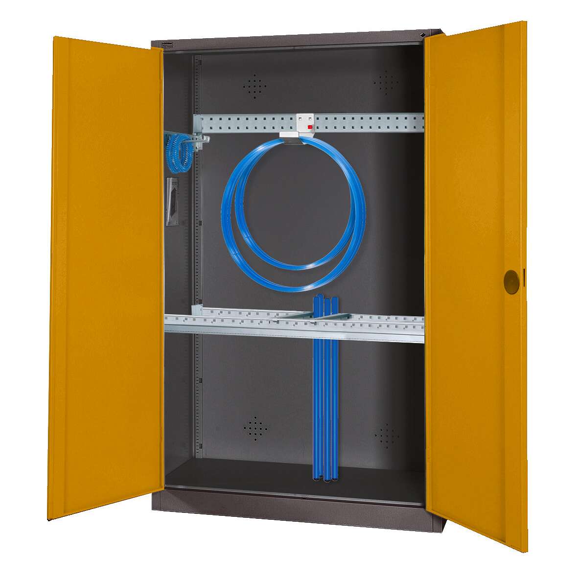 C+P Modul-Sportgeräteschrank „Grundausstattung“ mit Vollblech-Flügeltüren, HxBxT 195x120x50 cm, Ergo-Lock Muldengriff, Goldgelb (RAL 1004), Anthrazit (RAL 7021), Gleichschließung