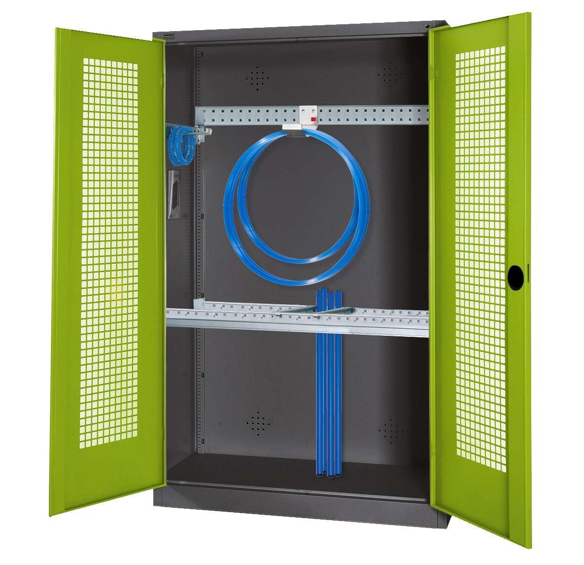 C+P Modul-Sportgeräteschrank „Grundausstattung“ mit Lochblech-Flügeltüren, HxBxT 195x120x50 cm, Ergo-Lock Muldengriff, Clowngrün (RAL 110 80 60), Anthrazit (RAL 7021), Gleichschließung