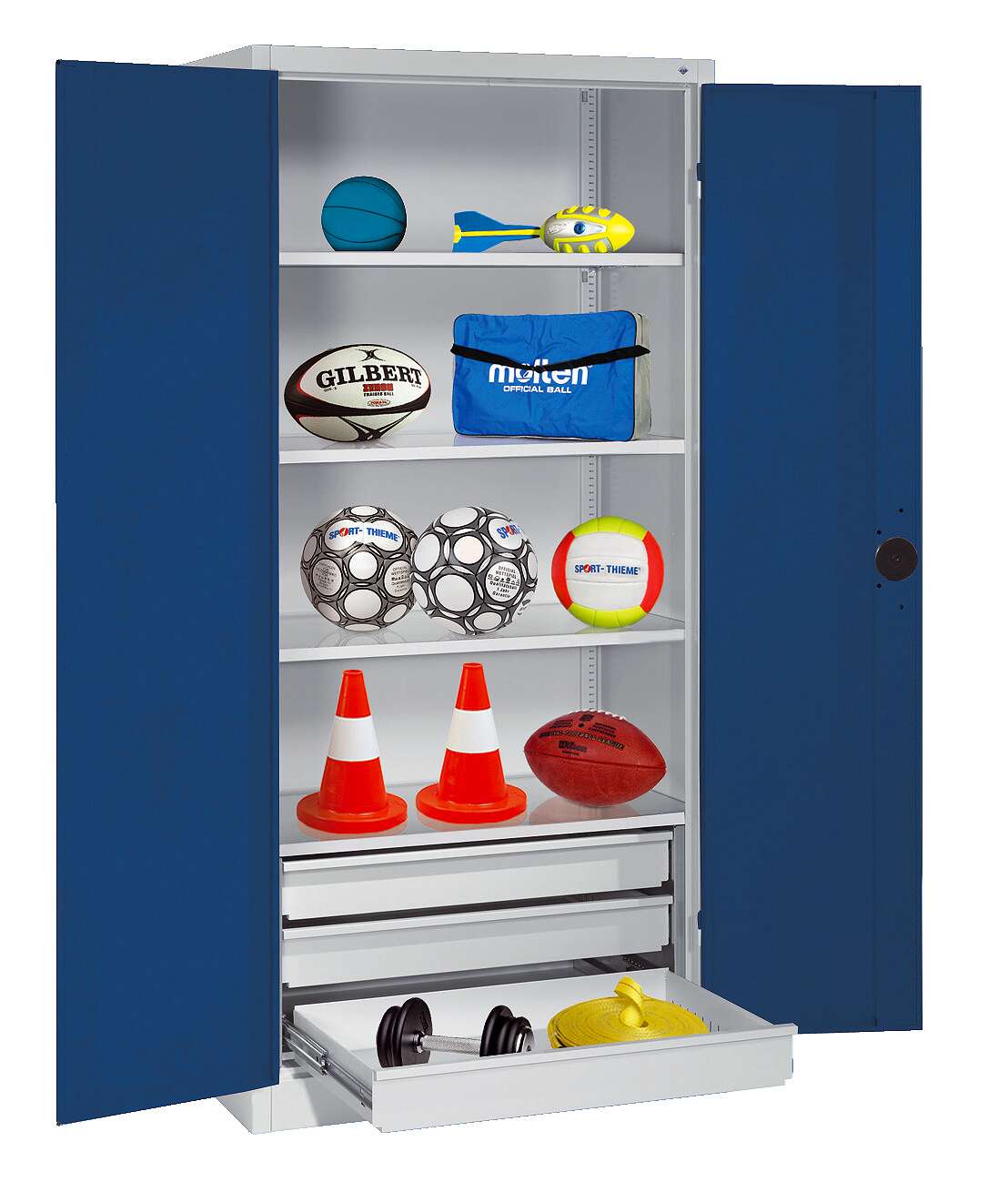 C+P Sportgeräteschrank mit Schubladen und Vollblech-Flügeltüren (Typ 4), HxBxT 195x120x50 cm, Enzianblau (RAL 5010), Ergo-Lock Muldengriff, Anthrazit (RAL 7021), Gleichschließung