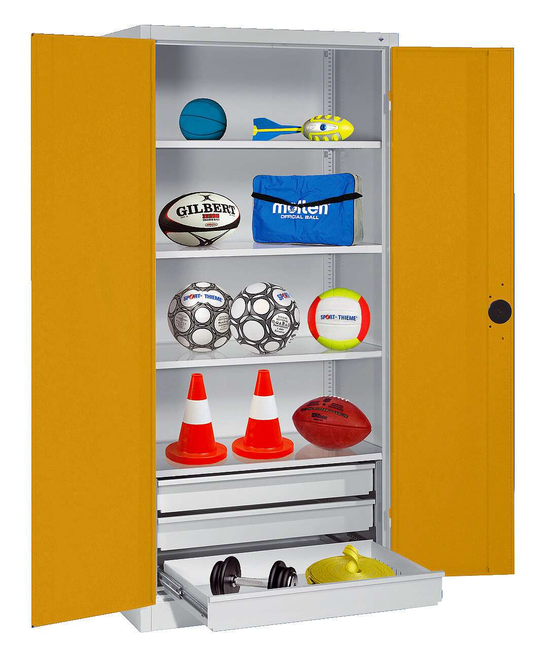 C+P Sportgeräteschrank mit Schubladen und Vollblech-Flügeltüren (Typ 4), HxBxT 195x120x50 cm, Ergo-Lock Muldengriff, Goldgelb (RAL 1004), Anthrazit (RAL 7021), Gleichschließung