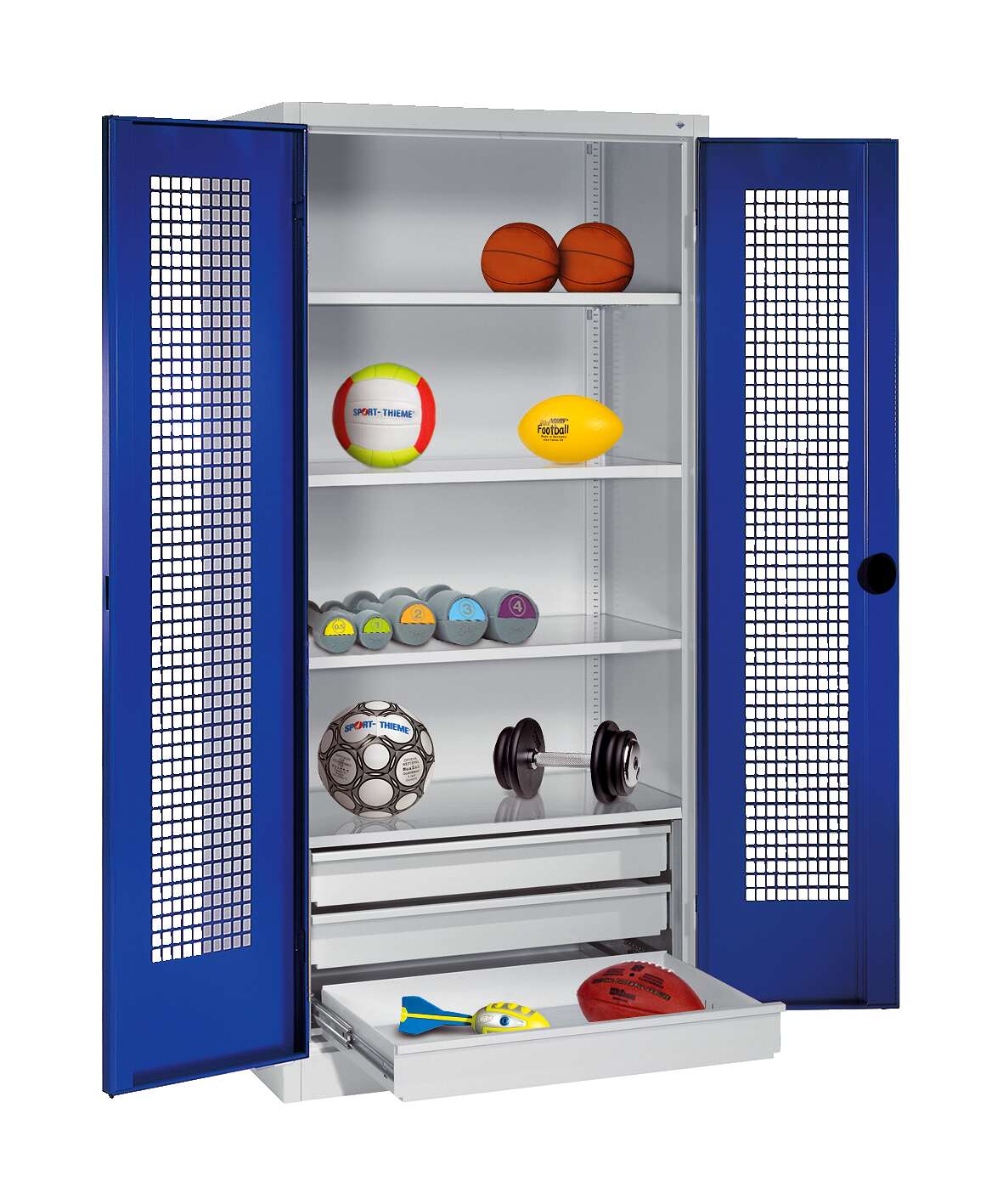 C+P Sportgeräteschrank mit Schubladen und Lochblech-Flügeltüren (Typ 4),  HxBxT 195x120x50 cm, Ergo-Lock Muldengriff, Enzianblau (RAL 5010), Lichtgrau (RAL 7035), Gleichschließung