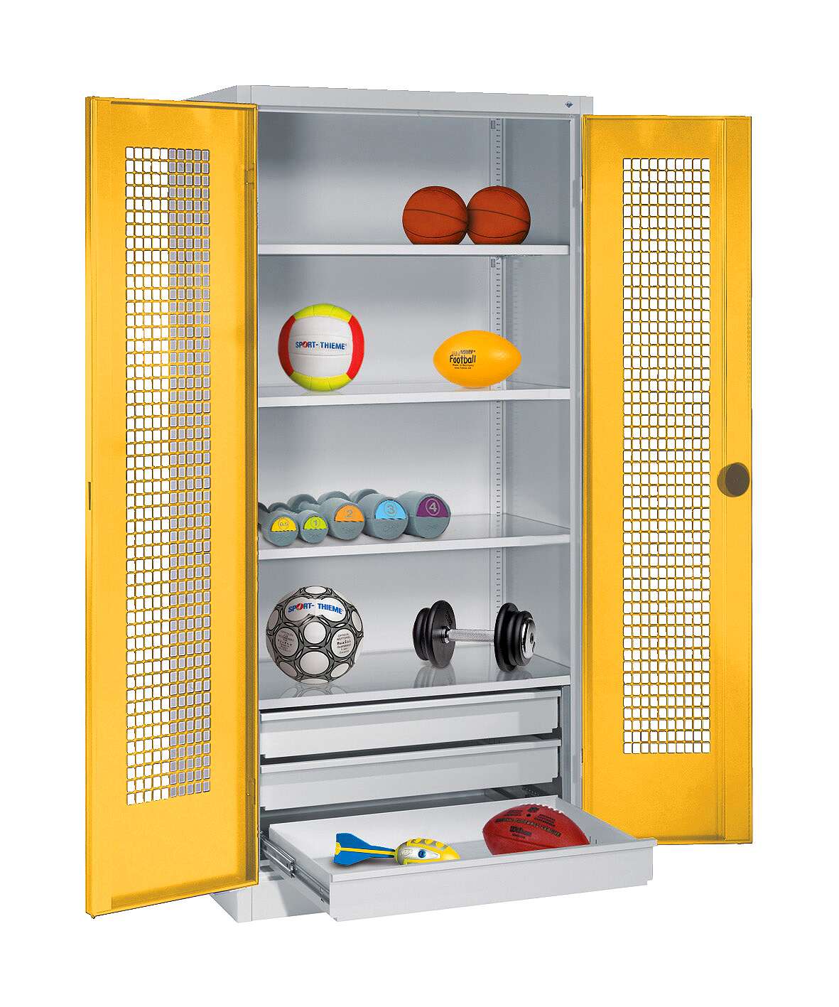 C+P Sportgeräteschrank mit Schubladen und Lochblech-Flügeltüren (Typ 4),  HxBxT 195x120x50 cm, Ergo-Lock Muldengriff, Verkehrsgelb (RAL 1023), Lichtgrau (RAL 7035), Gleichschließung