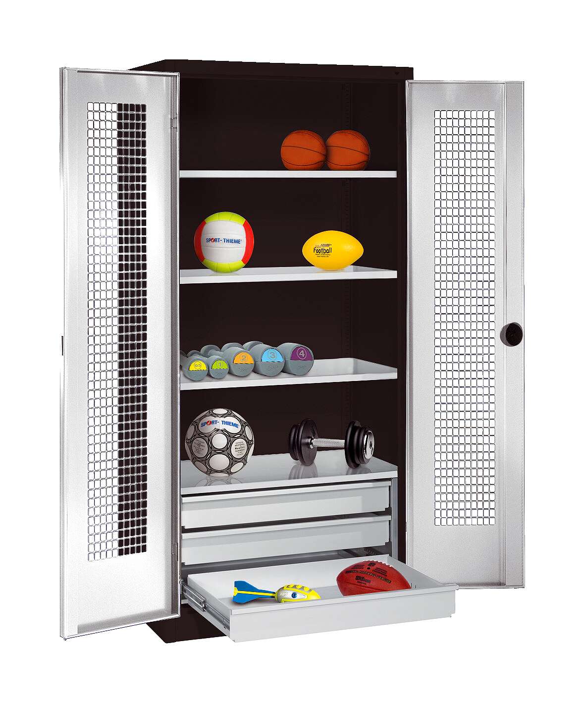 C+P Sportgeräteschrank mit Schubladen und Lochblech-Flügeltüren (Typ 4),  HxBxT 195x120x50 cm, Lichtgrau (RAL 7035), Ergo-Lock Muldengriff, Anthrazit (RAL 7021), Gleichschließung