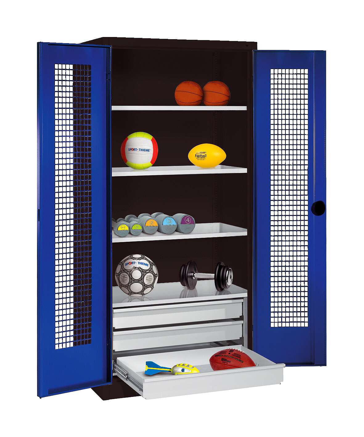 C+P Sportgeräteschrank mit Schubladen und Lochblech-Flügeltüren (Typ 4),  HxBxT 195x120x50 cm, Enzianblau (RAL 5010), Ergo-Lock Muldengriff, Anthrazit (RAL 7021), Gleichschließung