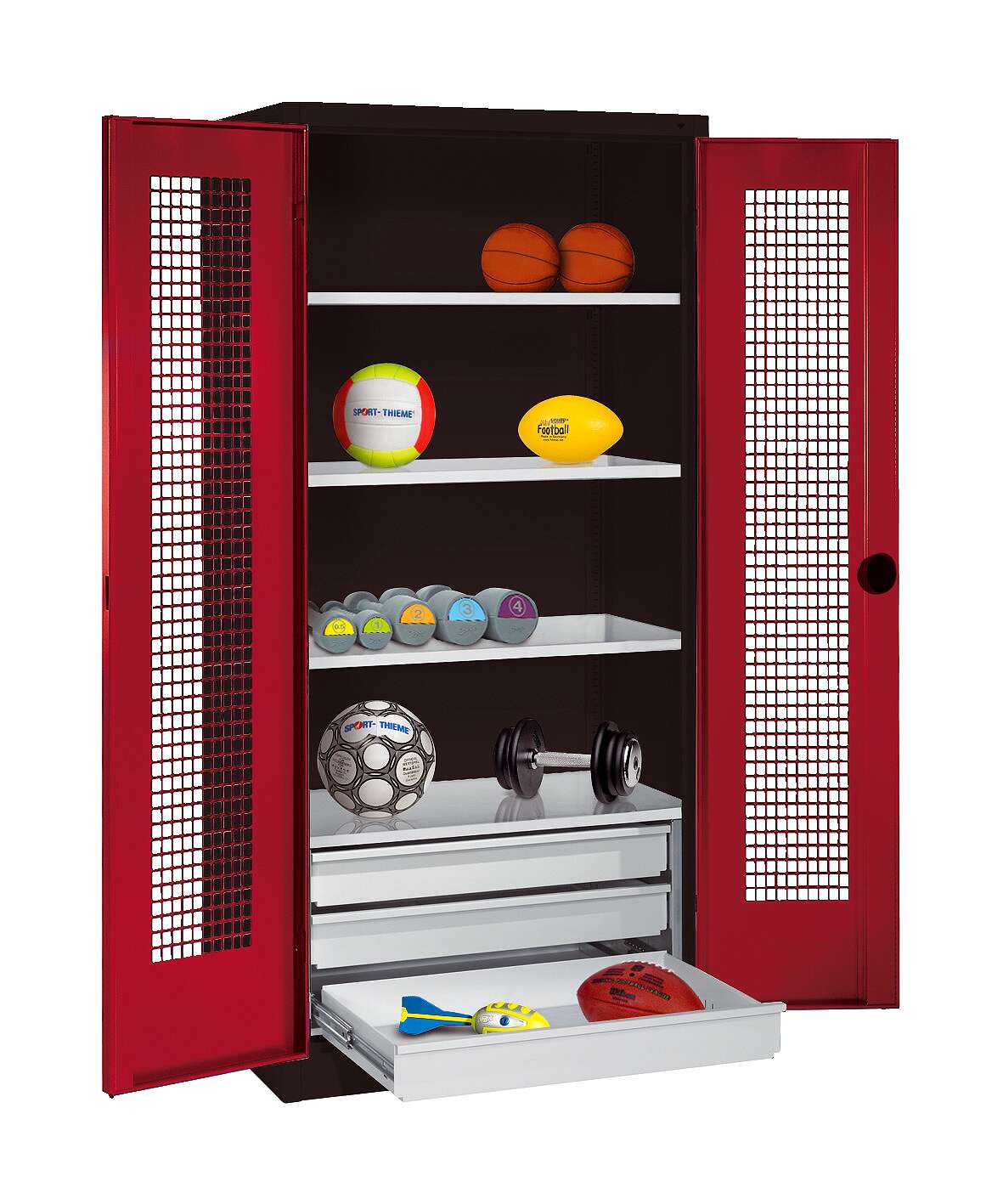 C+P Sportgeräteschrank mit Schubladen und Lochblech-Flügeltüren (Typ 4),  HxBxT 195x120x50 cm, Ergo-Lock Muldengriff, Rubinrot (RAL 3003), Anthrazit (RAL 7021), Gleichschließung