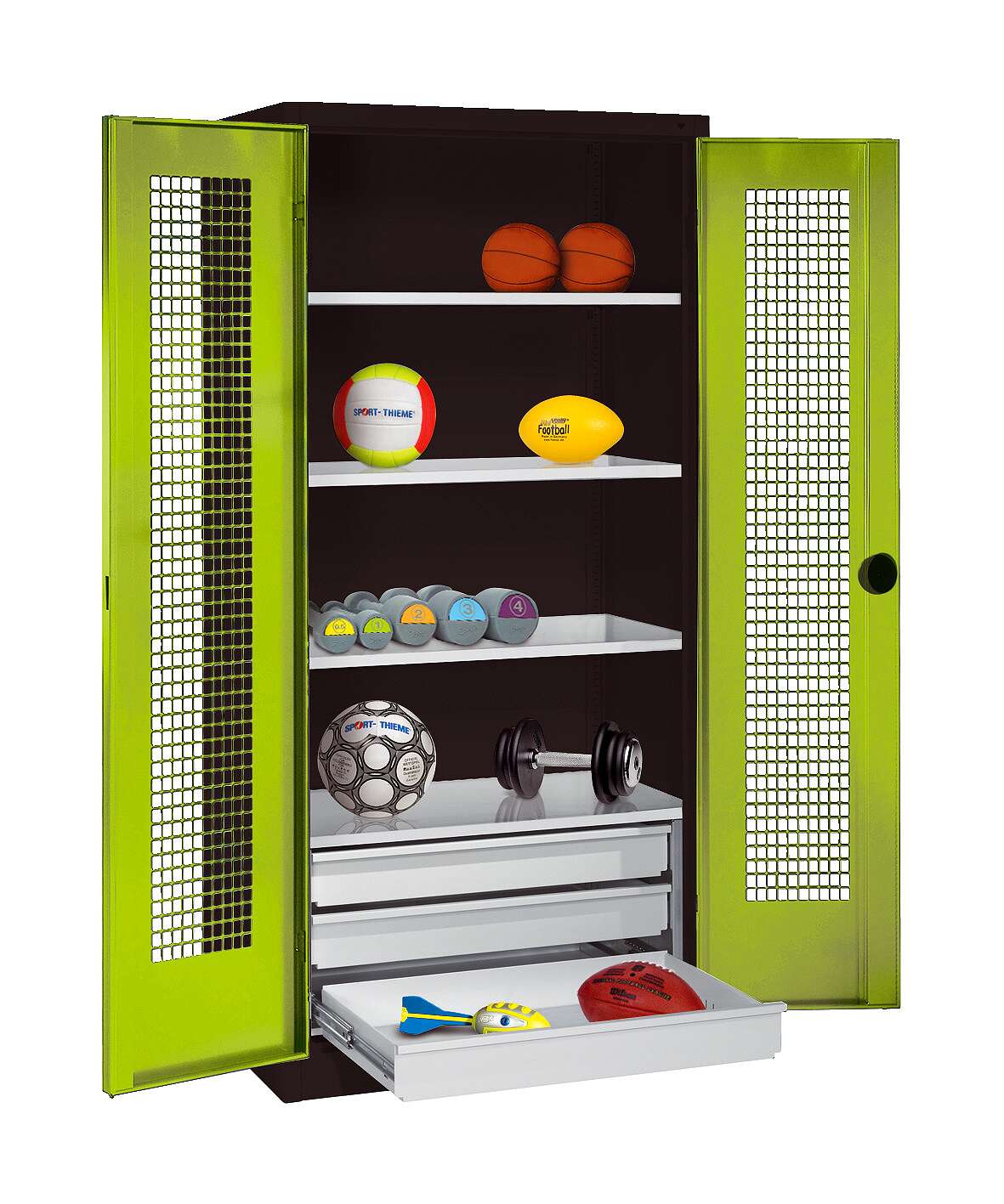 C+P Sportgeräteschrank mit Schubladen und Lochblech-Flügeltüren (Typ 4),  HxBxT 195x120x50 cm, Ergo-Lock Muldengriff, Clowngrün (RAL 110 80 60), Anthrazit (RAL 7021), Gleichschließung