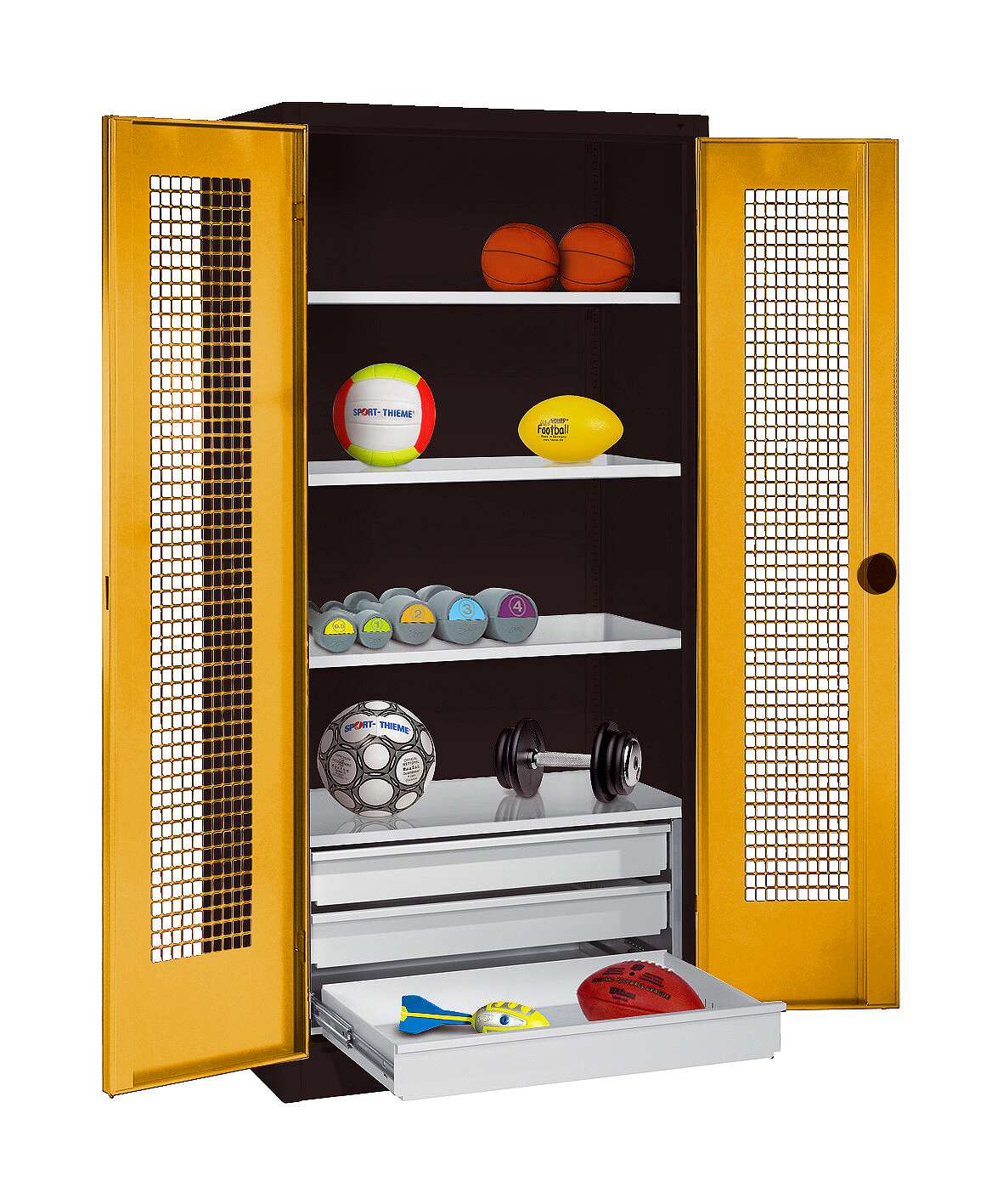 C+P Sportgeräteschrank mit Schubladen und Lochblech-Flügeltüren (Typ 4),  HxBxT 195x120x50 cm, Ergo-Lock Muldengriff, Goldgelb (RAL 1004), Anthrazit (RAL 7021), Gleichschließung