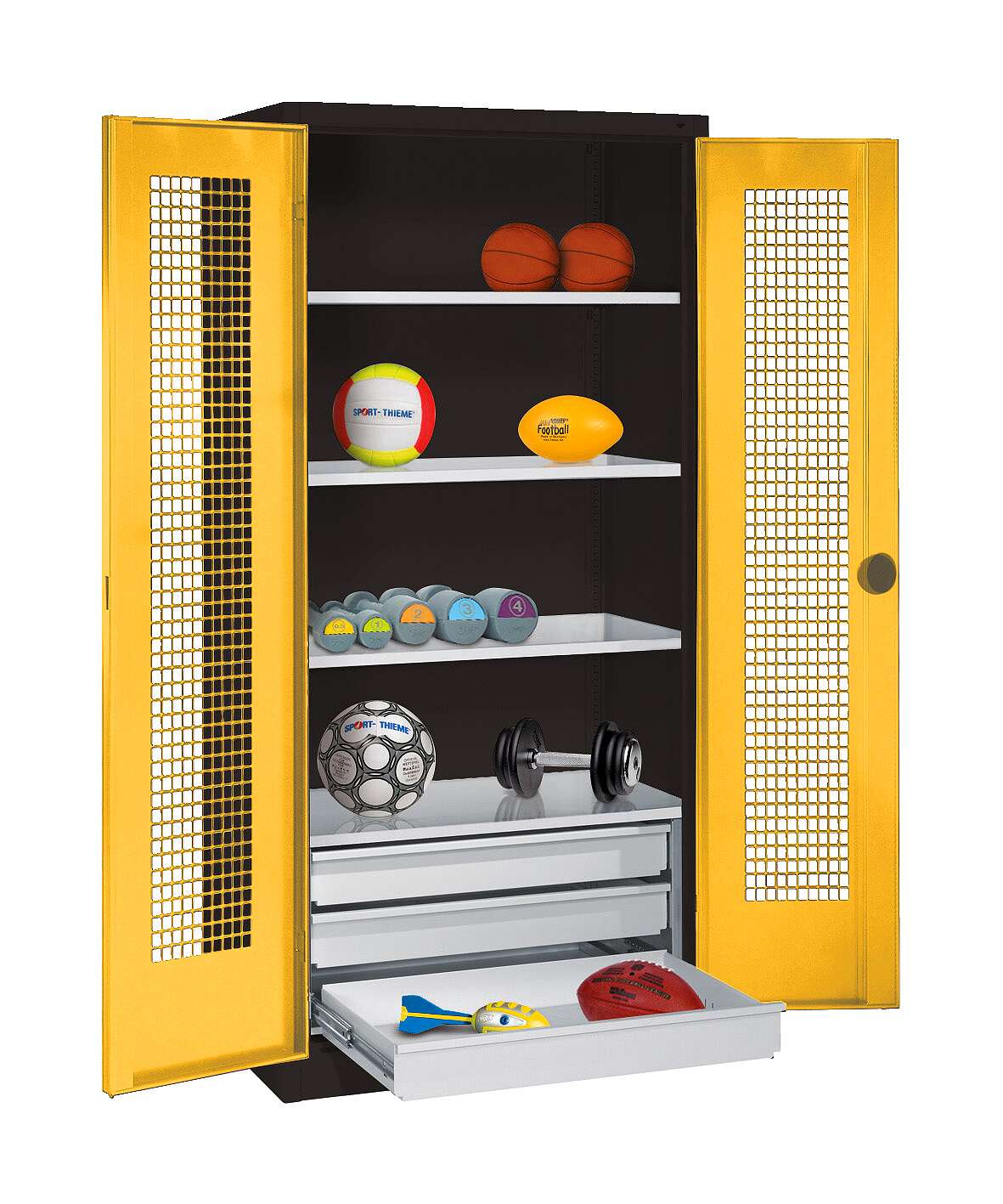 C+P Sportgeräteschrank mit Schubladen und Lochblech-Flügeltüren (Typ 4),  HxBxT 195x120x50 cm, Ergo-Lock Muldengriff, Verkehrsgelb (RAL 1023), Anthrazit (RAL 7021), Gleichschließung