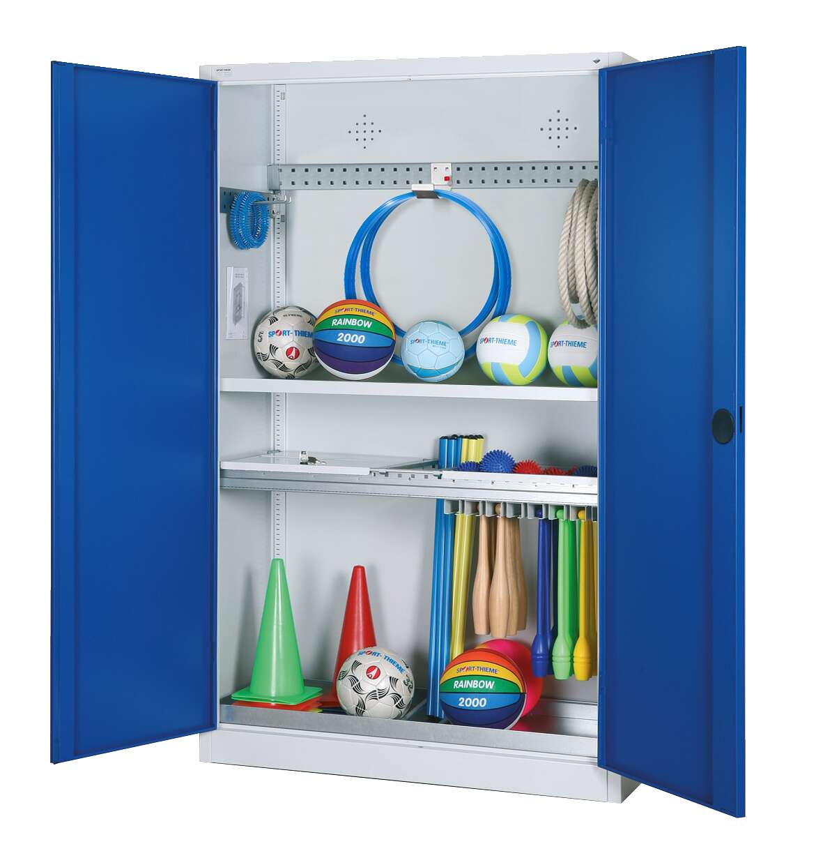 C+P Modul-Sportgeräteschrank „Komplettausstattung“ mit Vollblech-Flügeltüren, HxBxT 195x120x50 cm, Ergo-Lock Muldengriff, Enzianblau (RAL 5010), Lichtgrau (RAL 7035), Gleichschließung