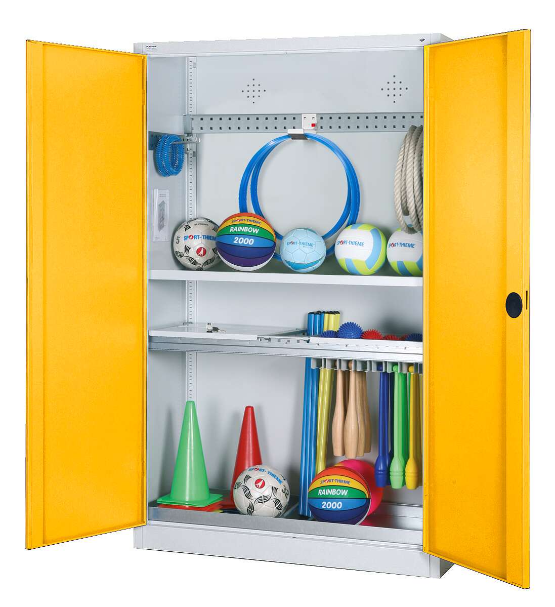 C+P Modul-Sportgeräteschrank „Komplettausstattung“ mit Vollblech-Flügeltüren, HxBxT 195x120x50 cm, Ergo-Lock Muldengriff, Verkehrsgelb (RAL 1023), Lichtgrau (RAL 7035), Gleichschließung