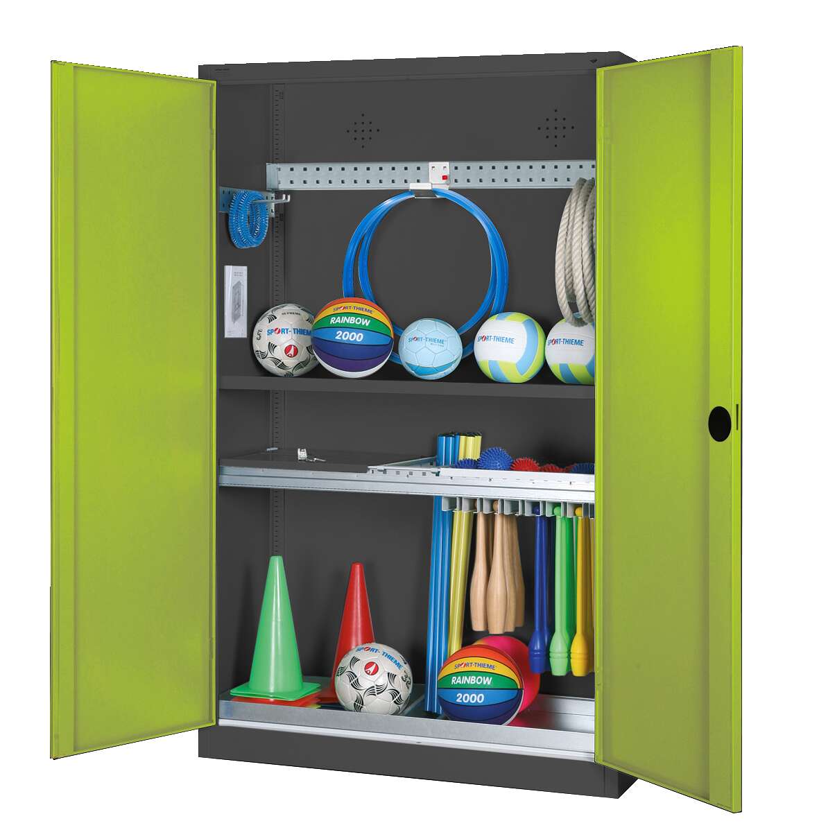 C+P Modul-Sportgeräteschrank „Komplettausstattung“ mit Vollblech-Flügeltüren, HxBxT 195x120x50 cm, Ergo-Lock Muldengriff, Clowngrün (RAL 110 80 60), Anthrazit (RAL 7021), Gleichschließung
