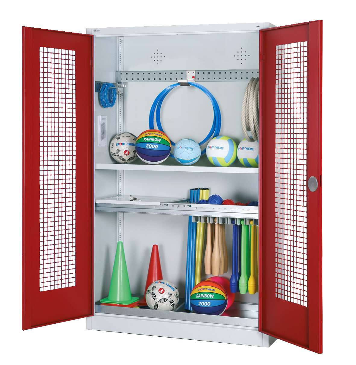 C+P Modul-Sportgeräteschrank „Komplettausstattung“ mit Lochblech-Flügeltüren, HxBxT 195x120x50 cm, Ergo-Lock Muldengriff, Rubinrot (RAL 3003), Lichtgrau (RAL 7035), Gleichschließung