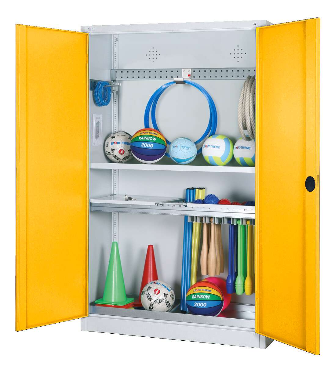 C+P Modul-Sportgeräteschrank „Komplettausstattung“ mit Lochblech-Flügeltüren, HxBxT 195x120x50 cm, Ergo-Lock Muldengriff, Verkehrsgelb (RAL 1023), Lichtgrau (RAL 7035), Gleichschließung