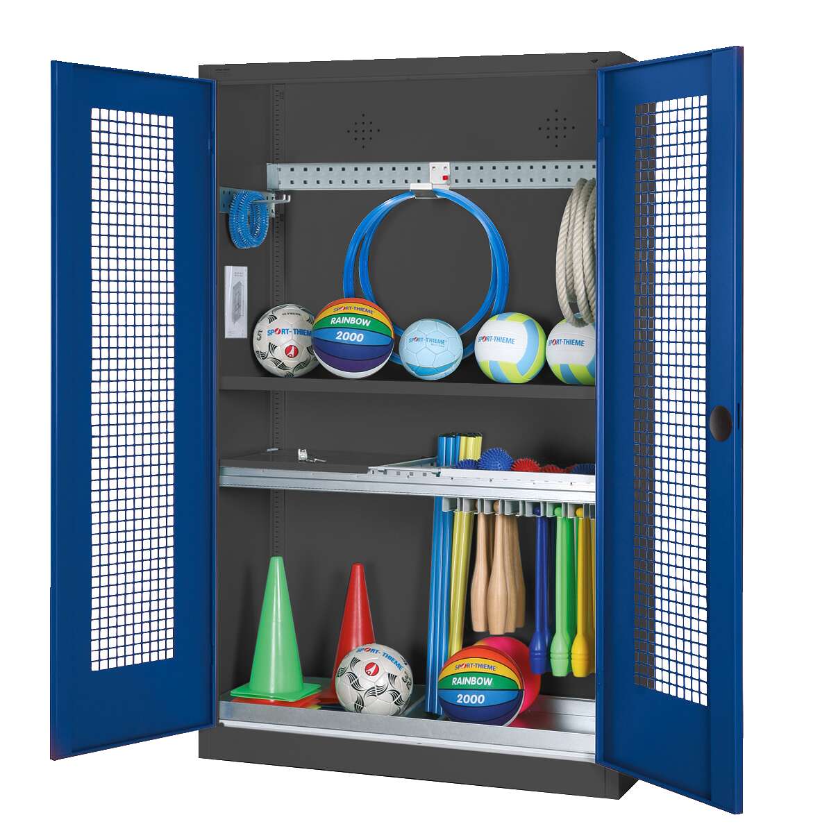 C+P Modul-Sportgeräteschrank „Komplettausstattung“ mit Lochblech-Flügeltüren, HxBxT 195x120x50 cm, Enzianblau (RAL 5010), Ergo-Lock Muldengriff, Anthrazit (RAL 7021), Gleichschließung