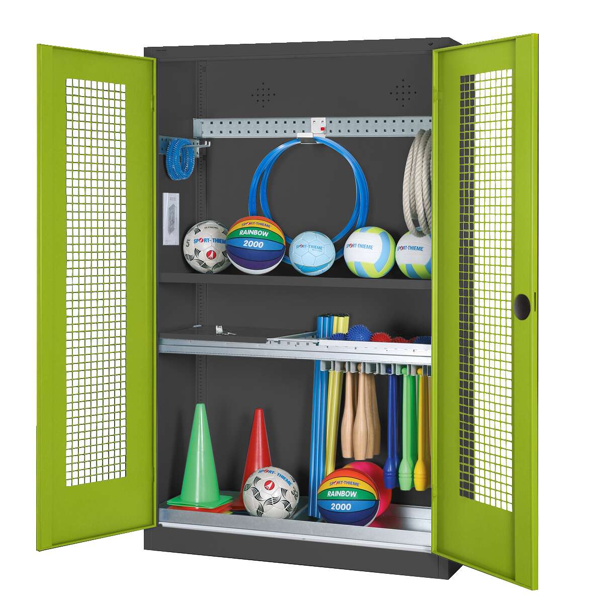 C+P Modul-Sportgeräteschrank „Komplettausstattung“ mit Lochblech-Flügeltüren, HxBxT 195x120x50 cm, Ergo-Lock Muldengriff, Clowngrün (RAL 110 80 60), Anthrazit (RAL 7021), Gleichschließung