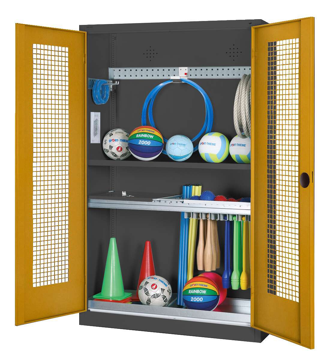 C+P Modul-Sportgeräteschrank „Komplettausstattung“ mit Lochblech-Flügeltüren, HxBxT 195x120x50 cm, Ergo-Lock Muldengriff, Goldgelb (RAL 1004), Anthrazit (RAL 7021), Gleichschließung