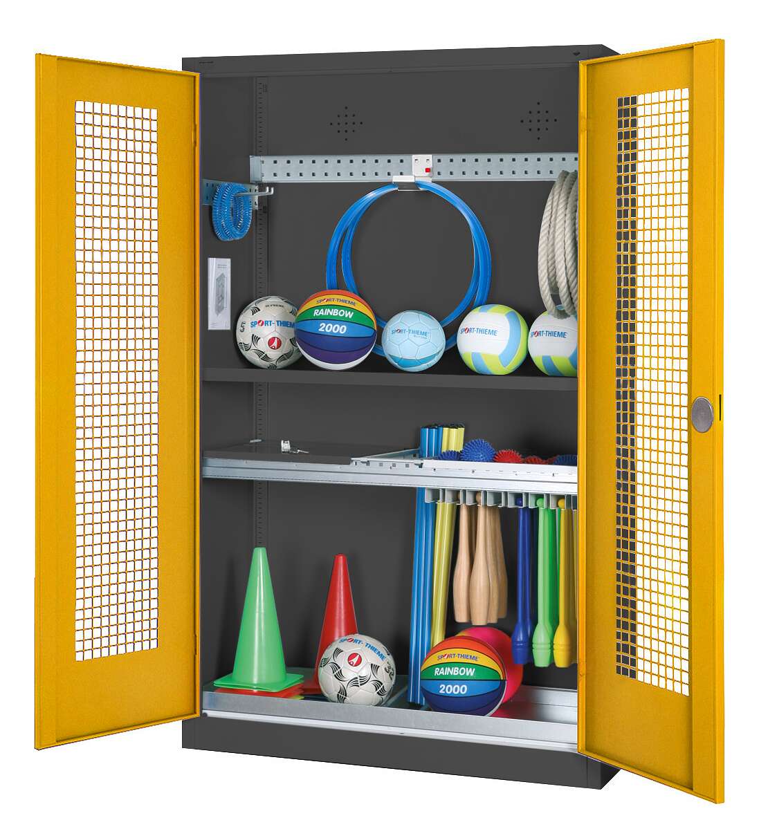 C+P Modul-Sportgeräteschrank „Komplettausstattung“ mit Lochblech-Flügeltüren, HxBxT 195x120x50 cm, Ergo-Lock Muldengriff, Verkehrsgelb (RAL 1023), Anthrazit (RAL 7021), Gleichschließung